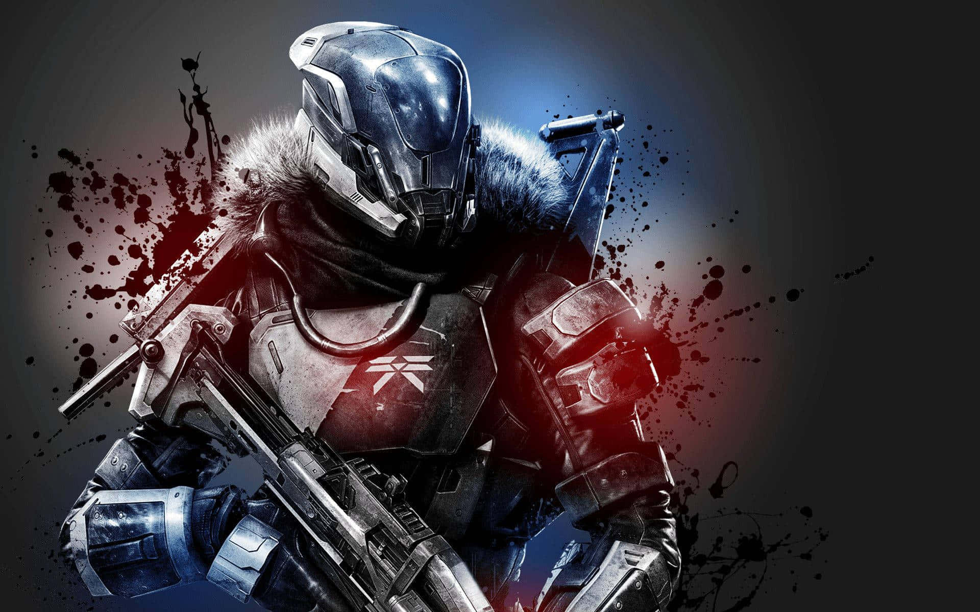 Best Destiny 2 桌布 壁紙 — 一名身穿裝甲裝備、戴著毛皮襯裡兜帽、帶有發光紅色點綴的未來戰士，站在帶有油漆飛濺的黑暗背景前。