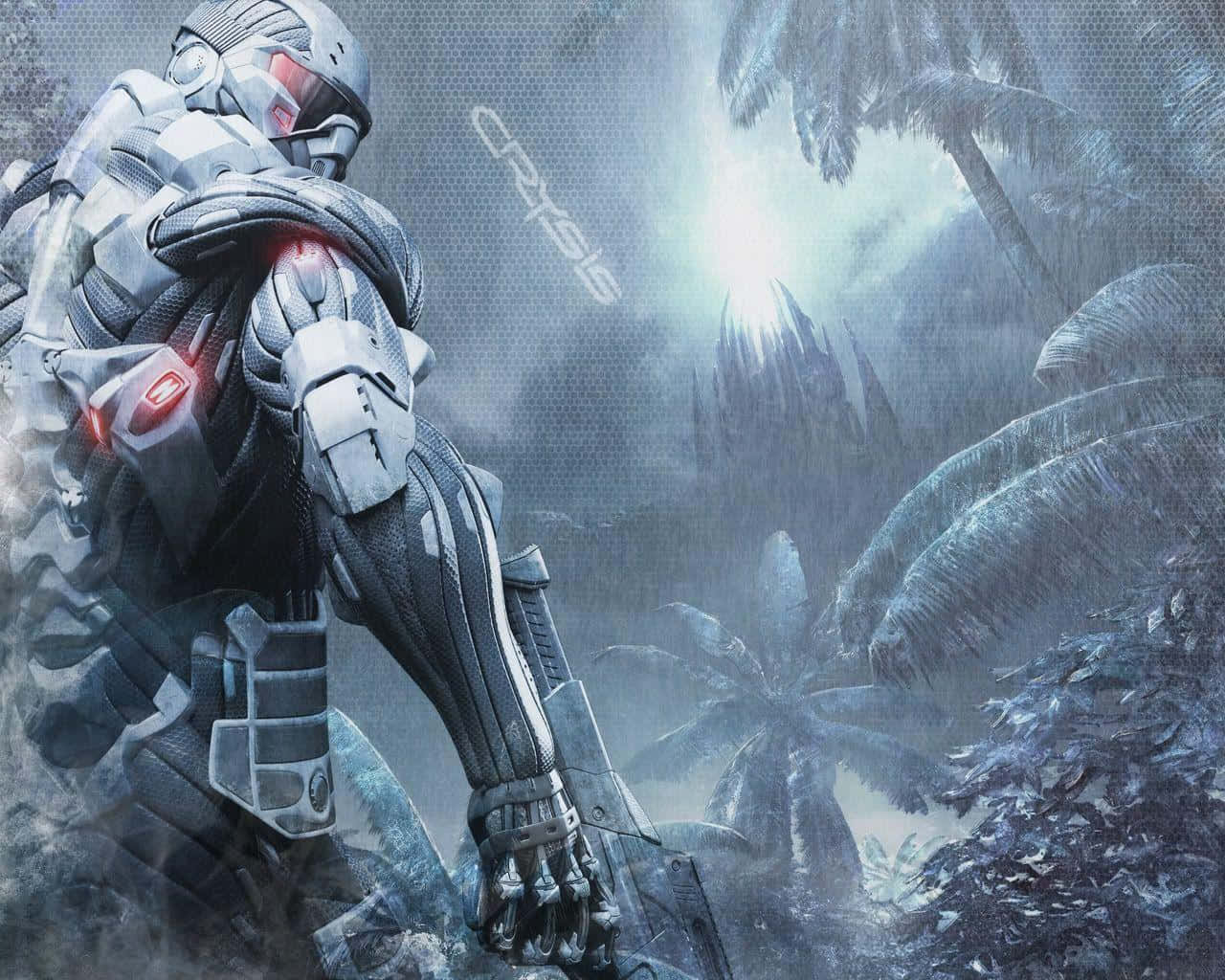 Crysis 1 桌布 壁紙 — 一名身穿裝甲裝備的未來士兵，站在霧氣瀰漫的叢林中，背景有棕櫚樹和發光的光線。