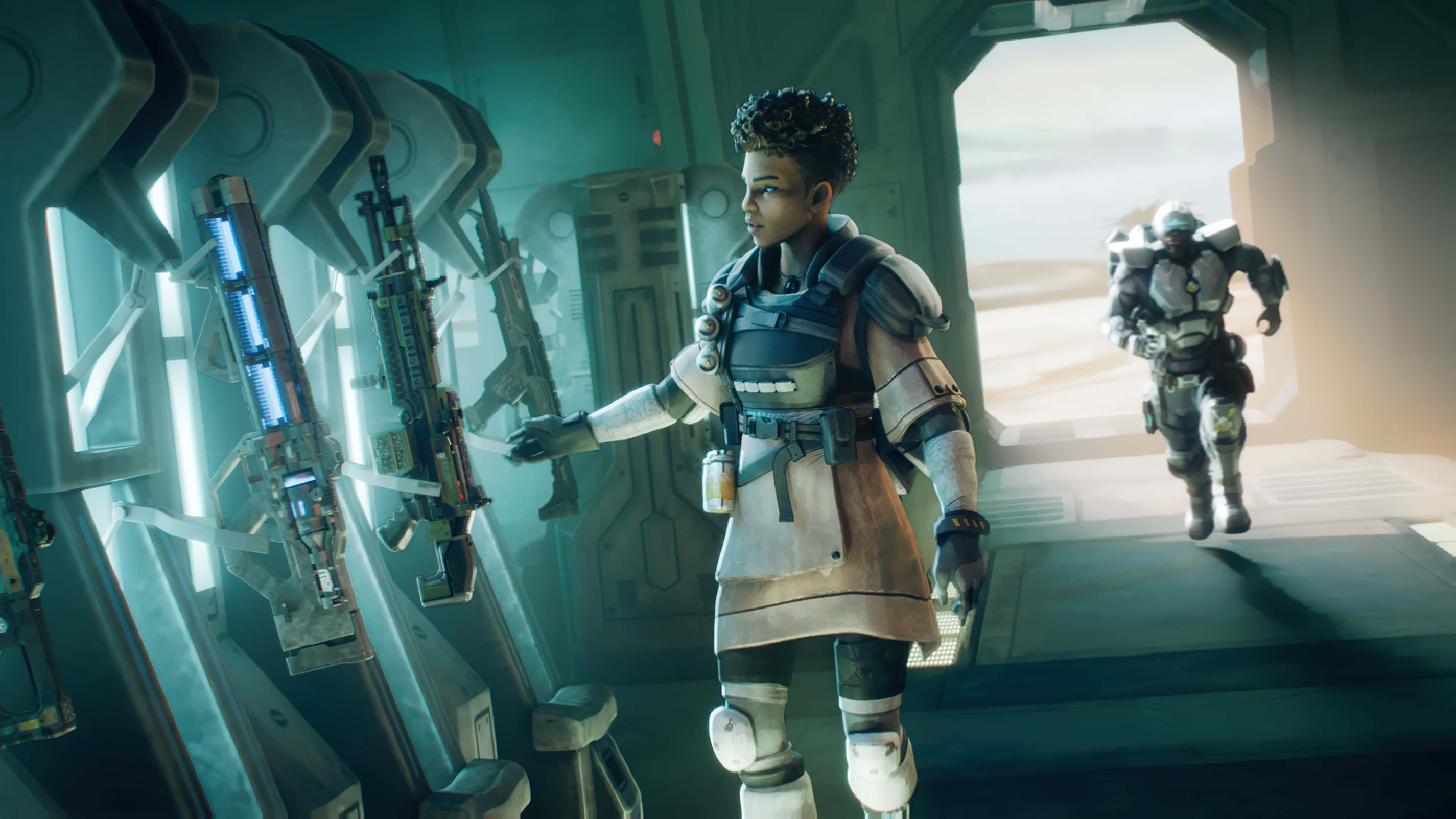Apex Legends Characters 桌布 壁紙 — 一名身穿裝甲裝備的未來士兵站在科幻走廊中，手持發光武器，另一名士兵正朝他們跑來。