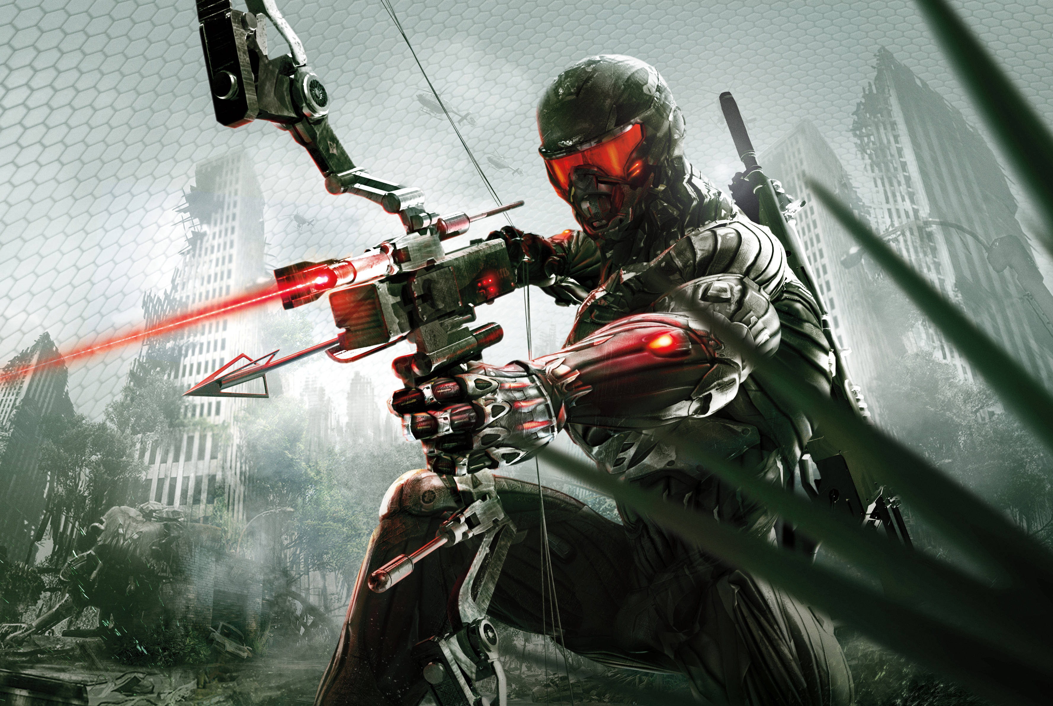 Crysis 3 桌布 壁紙 — 一名身穿裝甲裝備的未來戰士，在廢墟城市背景下瞄準一把帶有紅色雷射瞄準器的高科技弓。