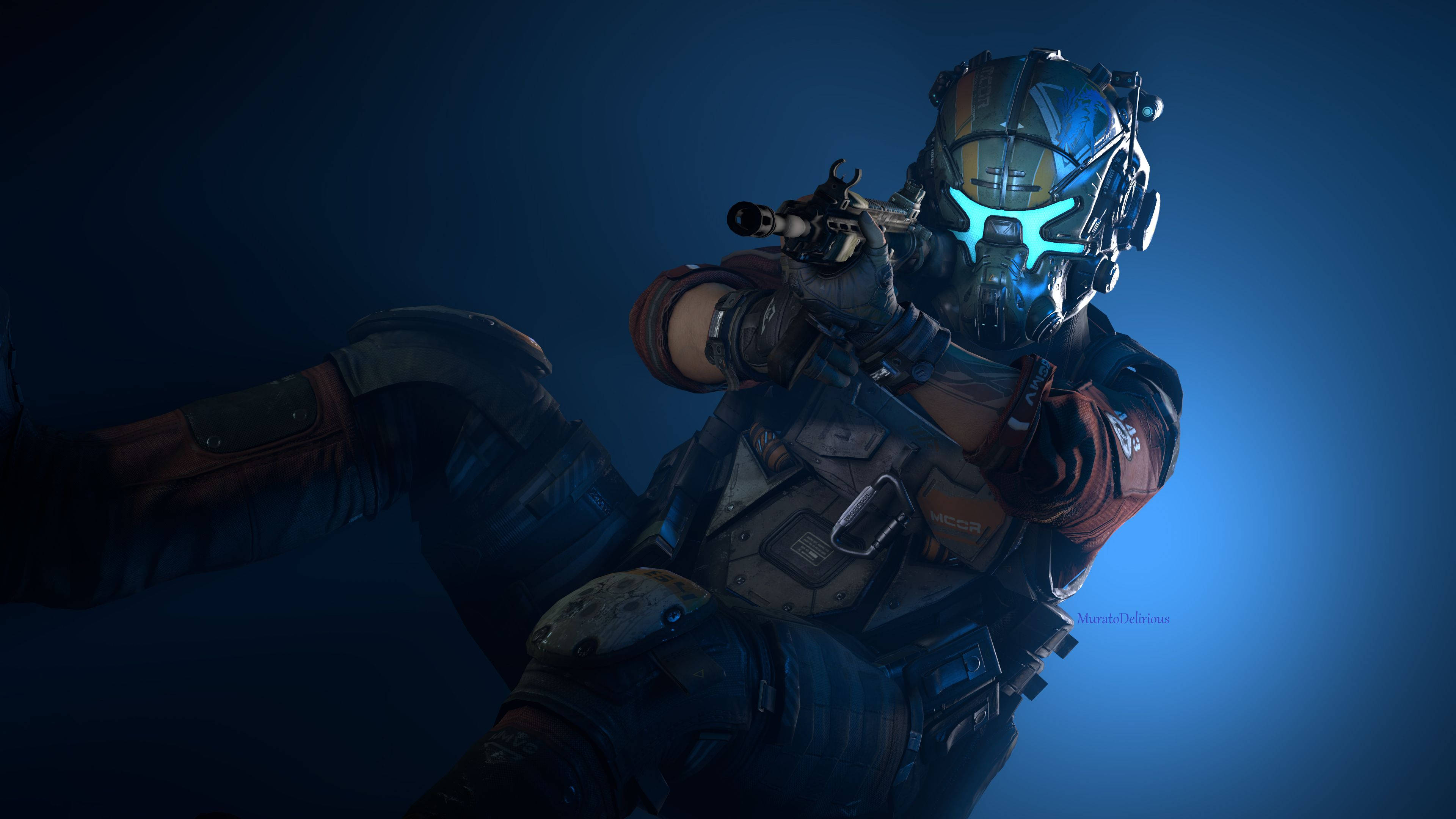 Titanfall 2 桌布 壁紙 — 一名身穿裝甲裝備的未來戰士，在深藍色漸變背景上瞄準帶有發光藍色護目鏡的武器。