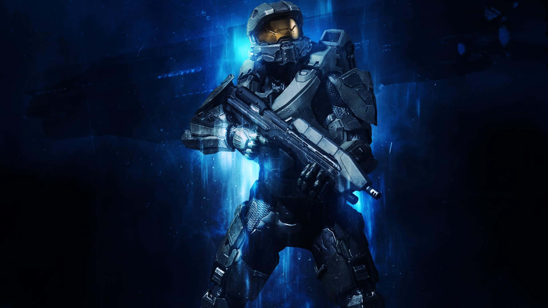Halo Spartans 桌布 壁紙 — 一名身穿裝甲裝備的未來戰士，在發光的藍色數位背景下持步槍準備就緒。
