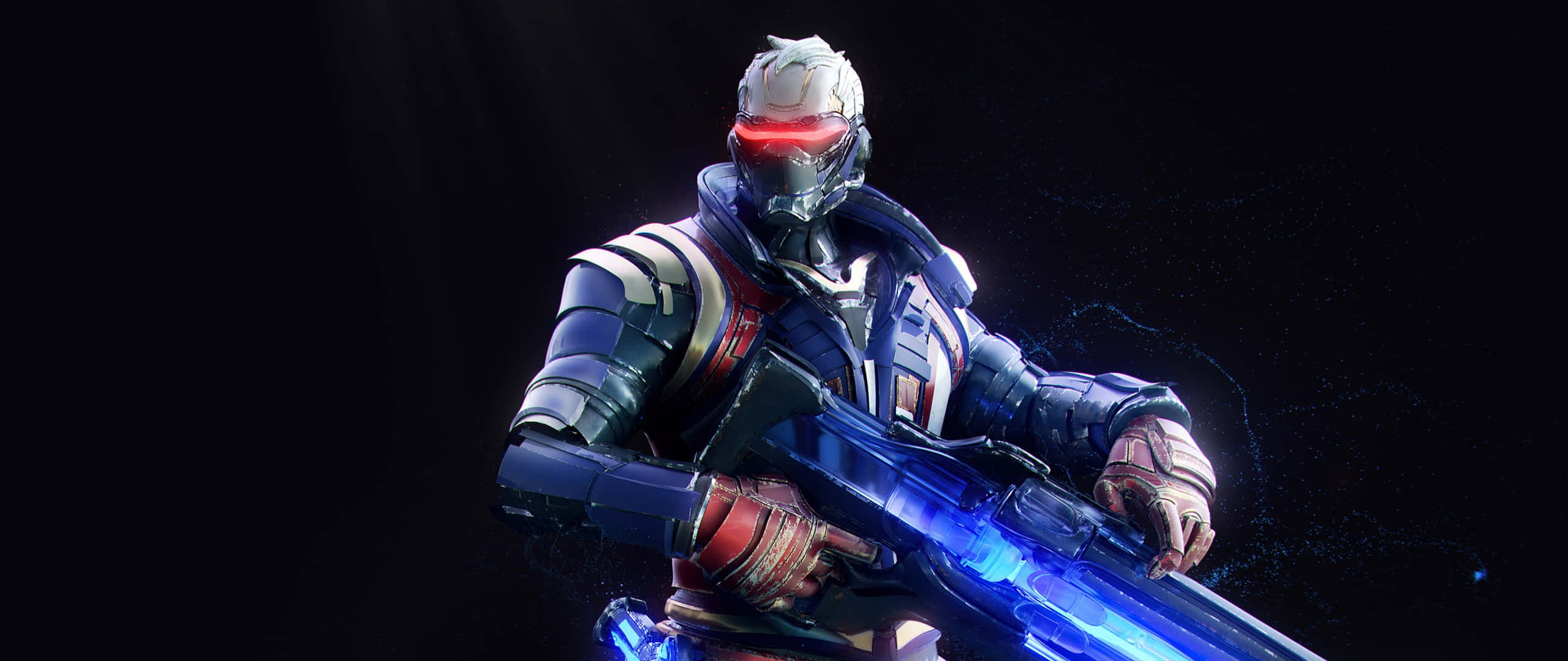 Soldier 76 桌布 壁紙 — 一名身穿裝甲裝備的未來戰士，在黑暗的宇宙背景下手持發光的藍色武器。