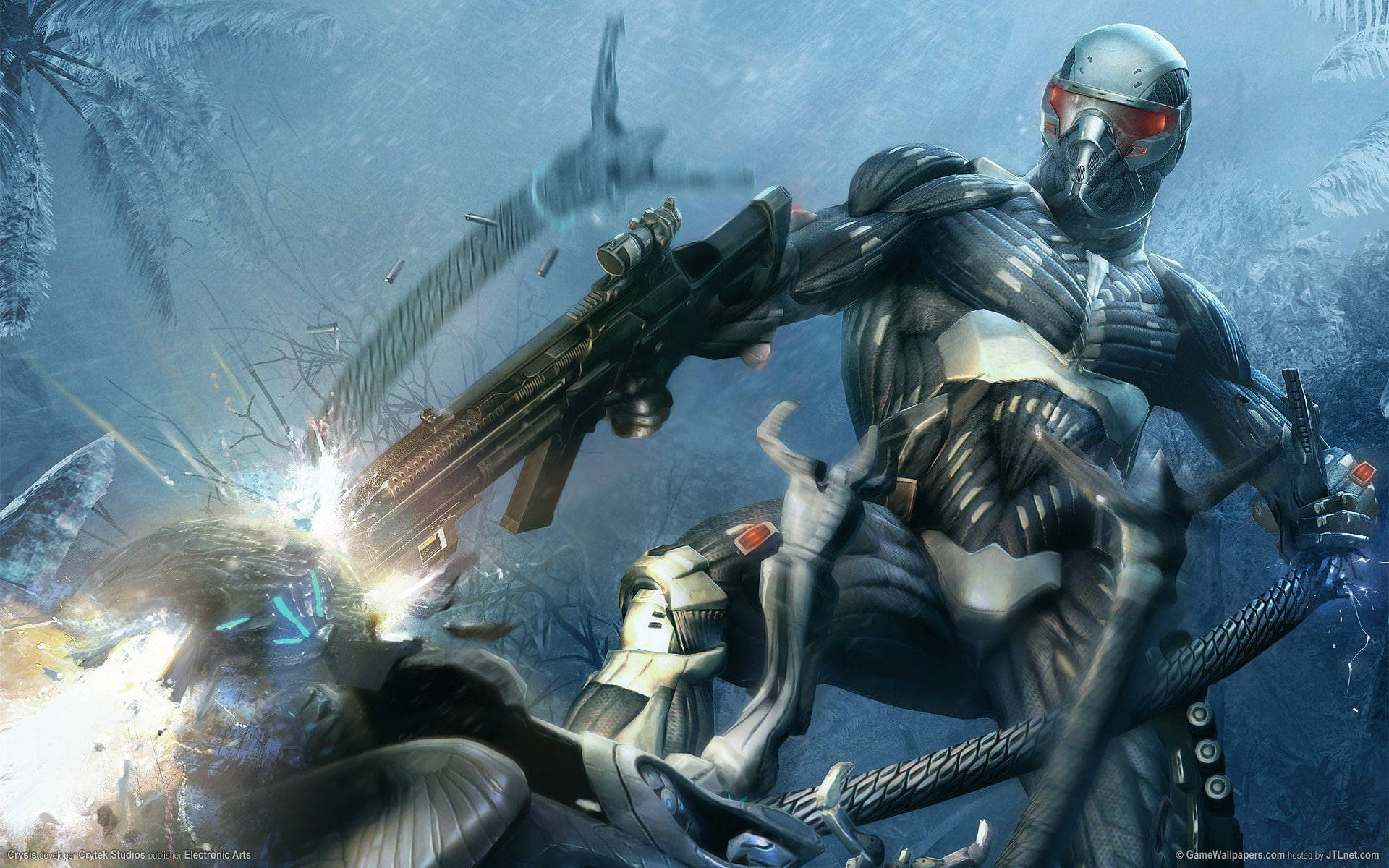 crysis 3 4K 桌布 壁紙 — 一名身穿裝甲裝備的未來戰士在雪地叢林環境中的爆炸性戰鬥中開火。