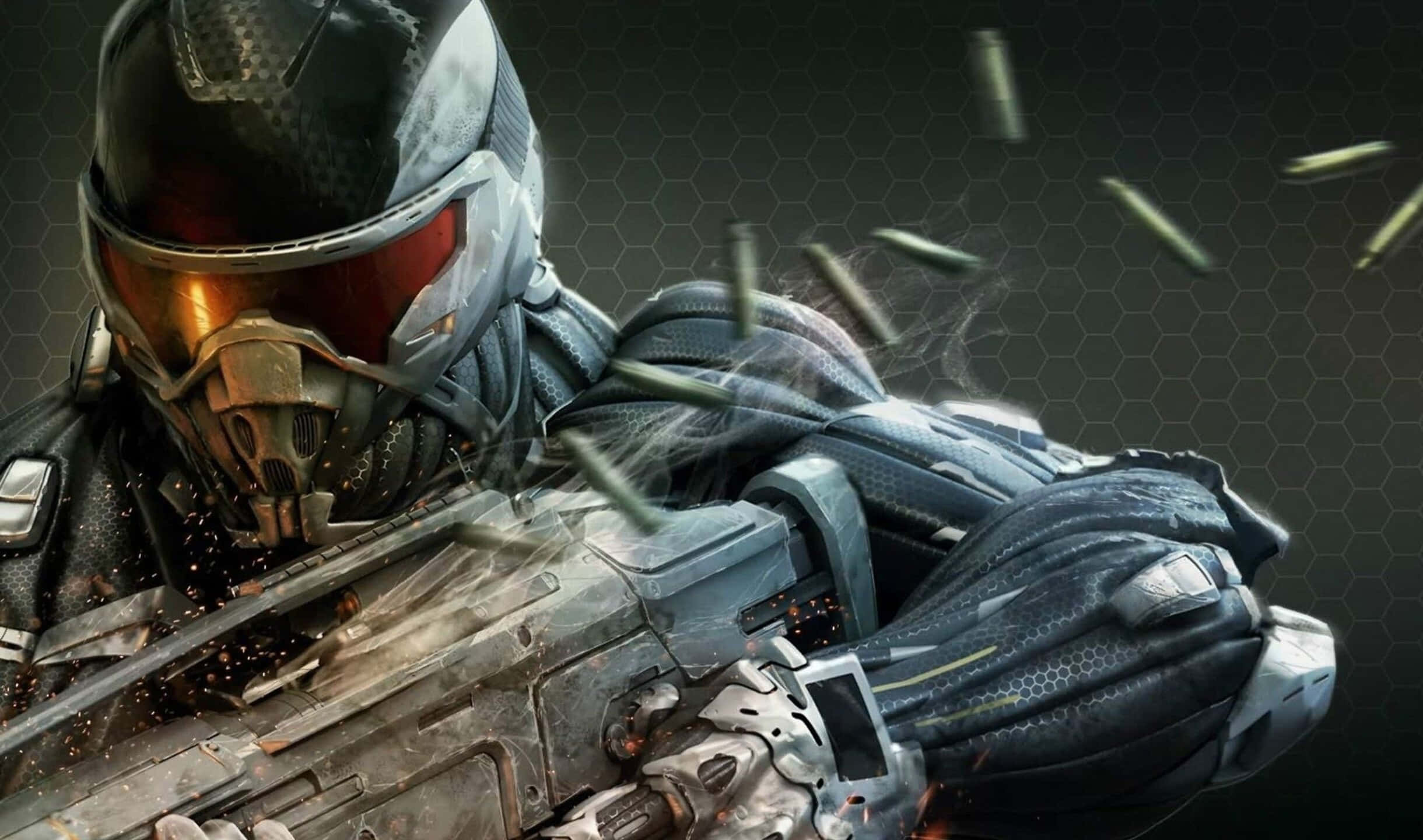 2440x1440 Crysis 3 桌布 壁紙 — 一名身穿裝甲裝備的未來戰士在黑暗六邊形背景下開火，子彈在空中飛過。