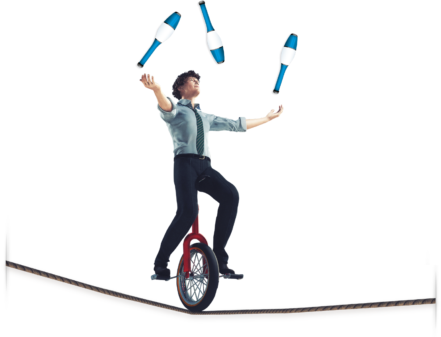 unicycle 桌布 壁紙 — 一名身穿襯衫和領帶的男子在黑色背景前，於狹窄的橫樑上平衡紅色獨輪車，同時拋接三個藍白相間的棍棒。