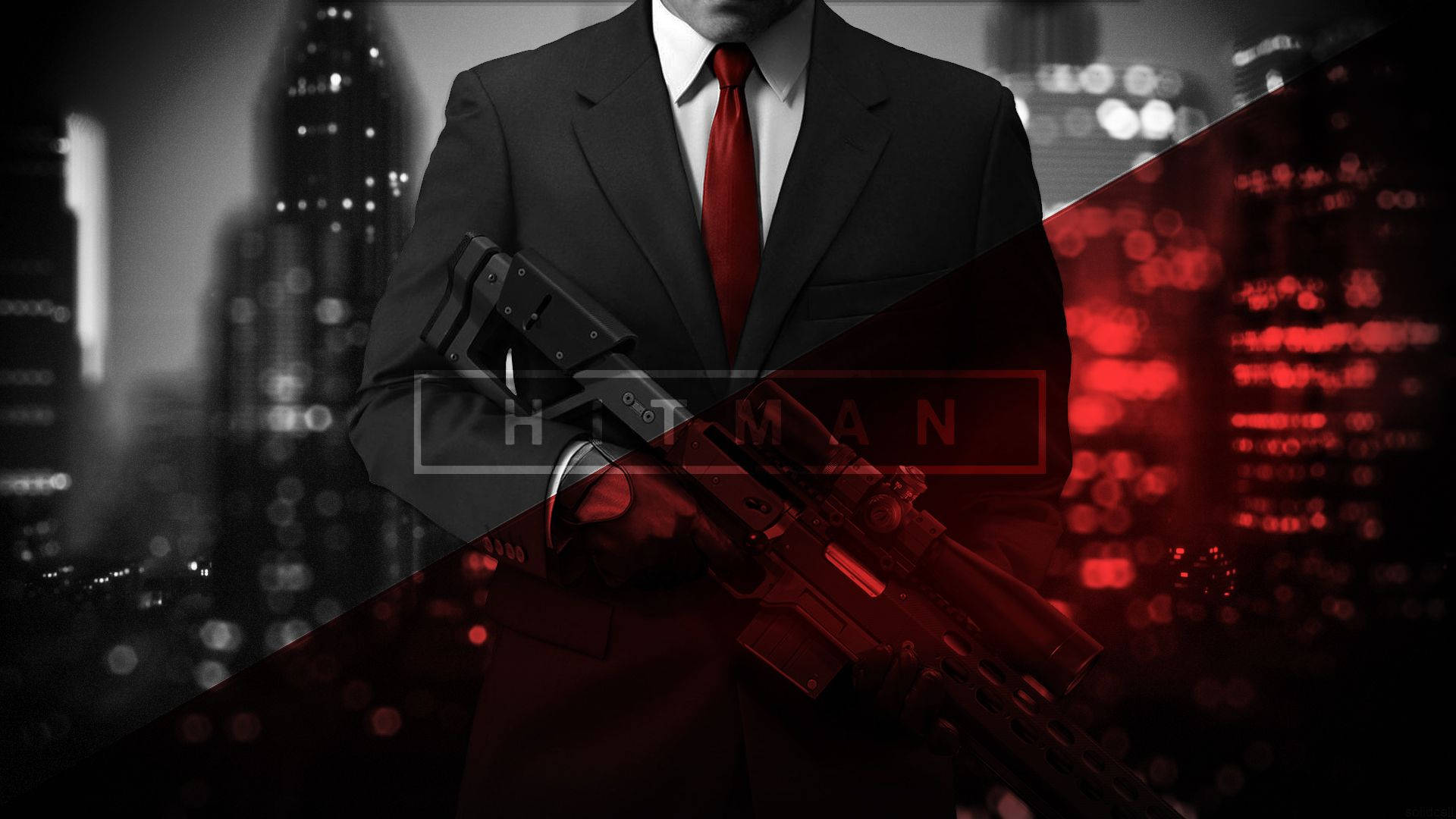 Hitman Absolution 桌布 壁紙 — 一名身穿西裝、打紅色領帶的男子在夜間手持步槍，背景是分裂的黑色和紅色城市天際線。