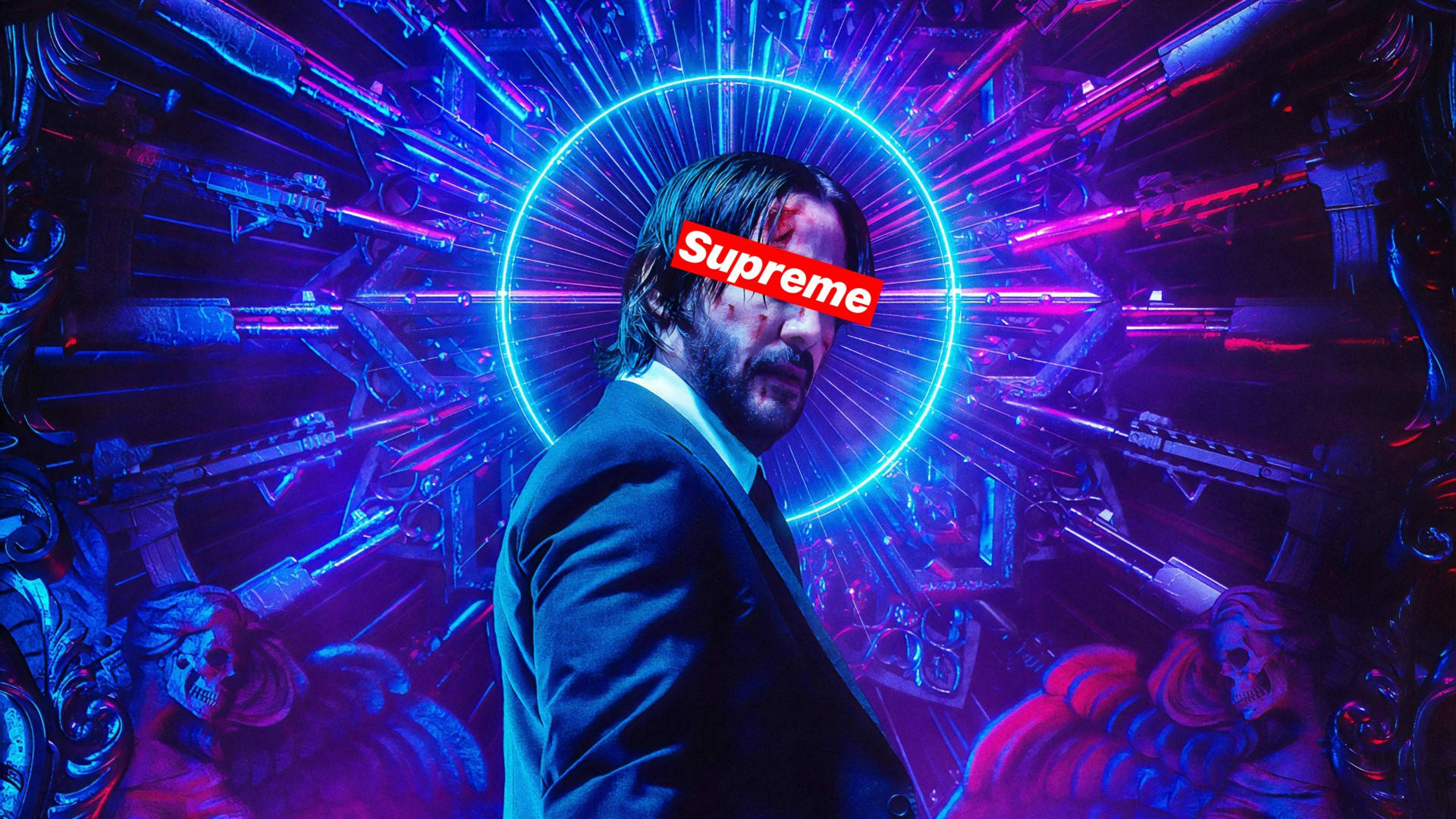 Cool Supreme 桌布 壁紙 — 一名身穿西裝、眼睛上方有紅色Supreme標誌的男子，站在發光的霓虹槍枝和頭骨之間，呈現賽博龐克場景。