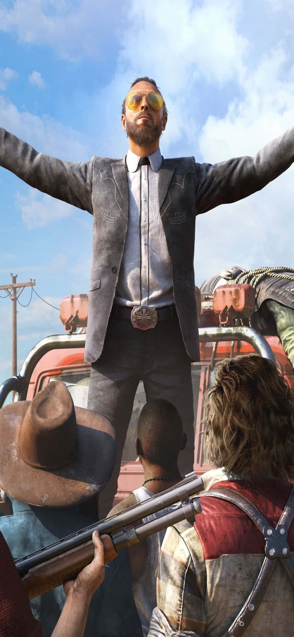 iPhone X Far Cry 3 桌布 壁紙 — 一名身穿西裝和太陽眼鏡的男子，在明亮的藍天下，張開雙臂勝利地站在一輛紅色車輛頂上。