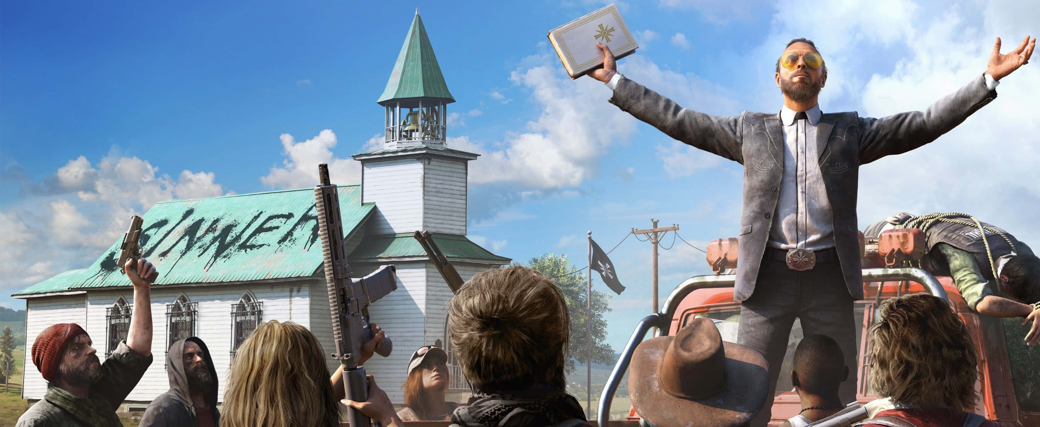 電玩遊戲 桌布 壁紙 — 一名身穿西裝和太陽眼鏡的男子站在卡車上，雙臂張開拿著聖經，面前是一座屋頂噴有「WINNER」字樣的教堂。