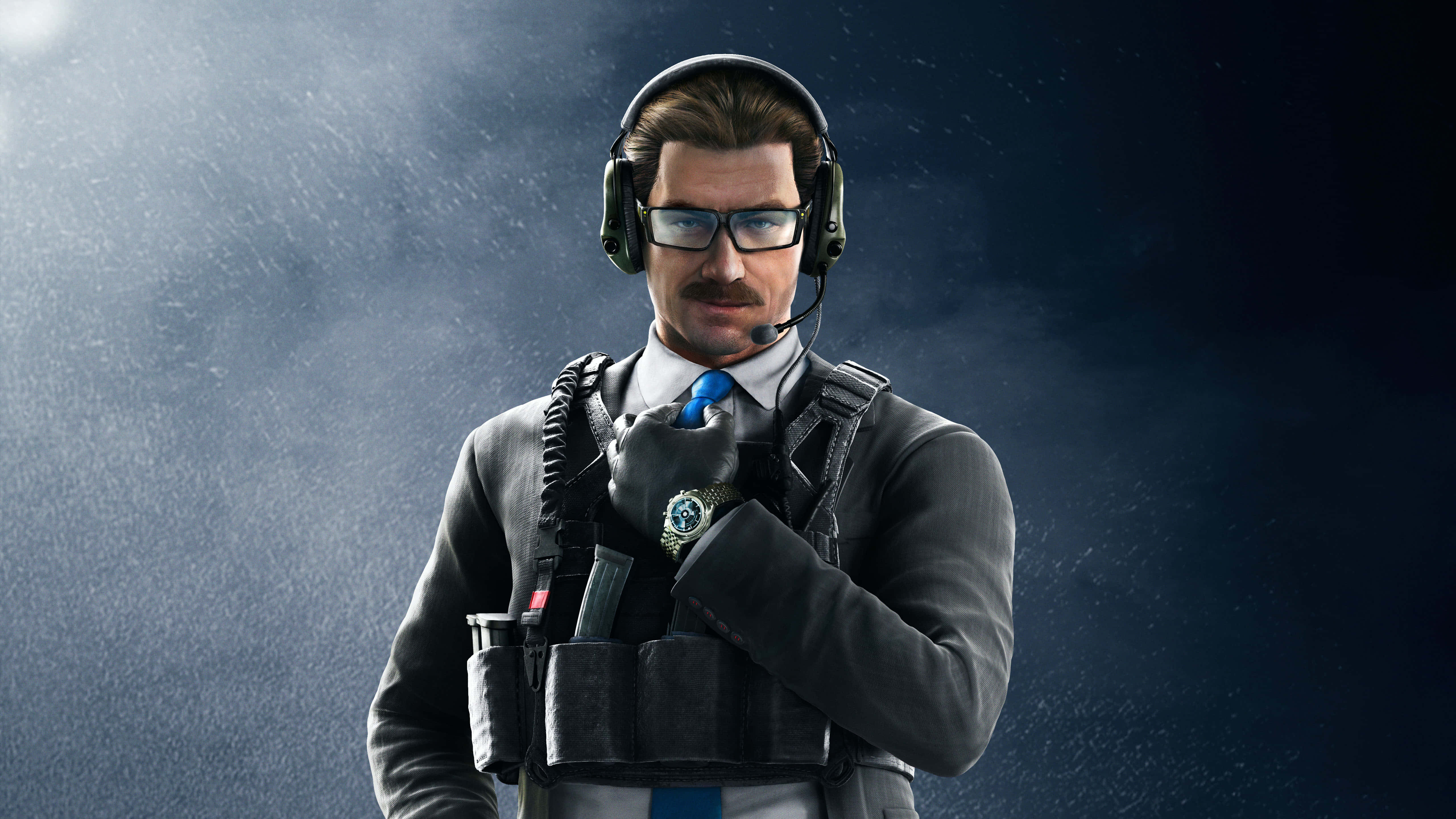 Rainbow Six Siege Operators 桌布 壁紙 — 一名身穿西裝和耳機的戰術特工在黑暗風暴背景下調整領帶。
