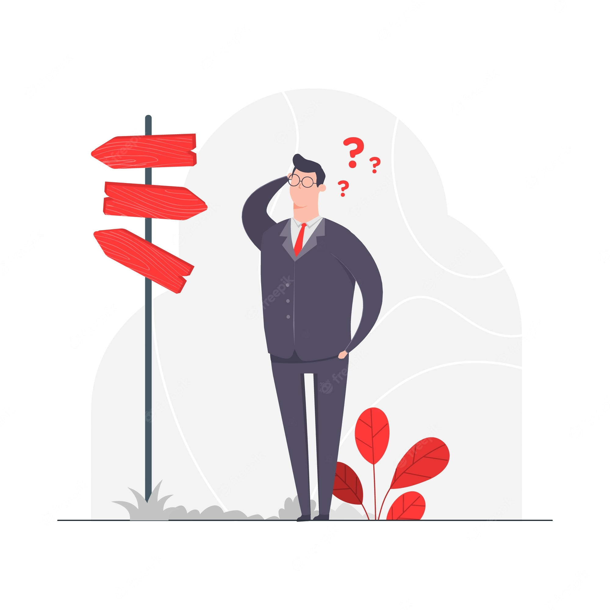 商業 桌布 壁紙 — 一名身穿西裝的商人困惑地站在一個木製路標旁，路標上有多個紅色箭頭指向不同方向。