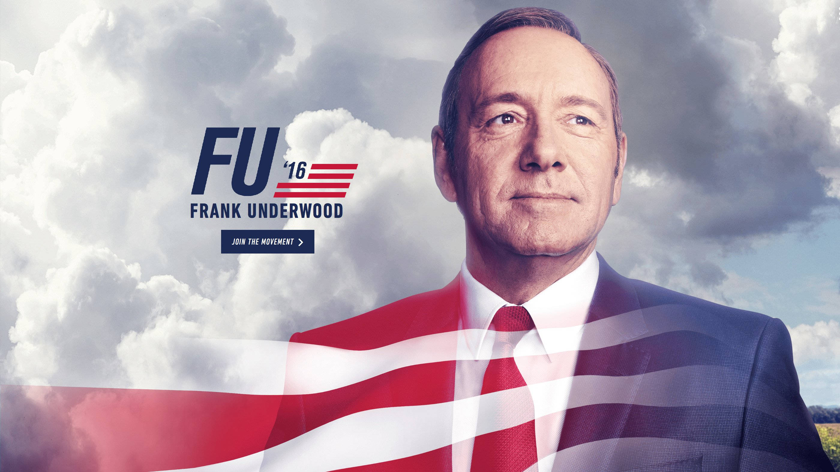 house of cards 桌布 壁紙 — 一名身穿西裝的男子，背景為多雲的天空，帶有美國國旗疊加和競選文字。