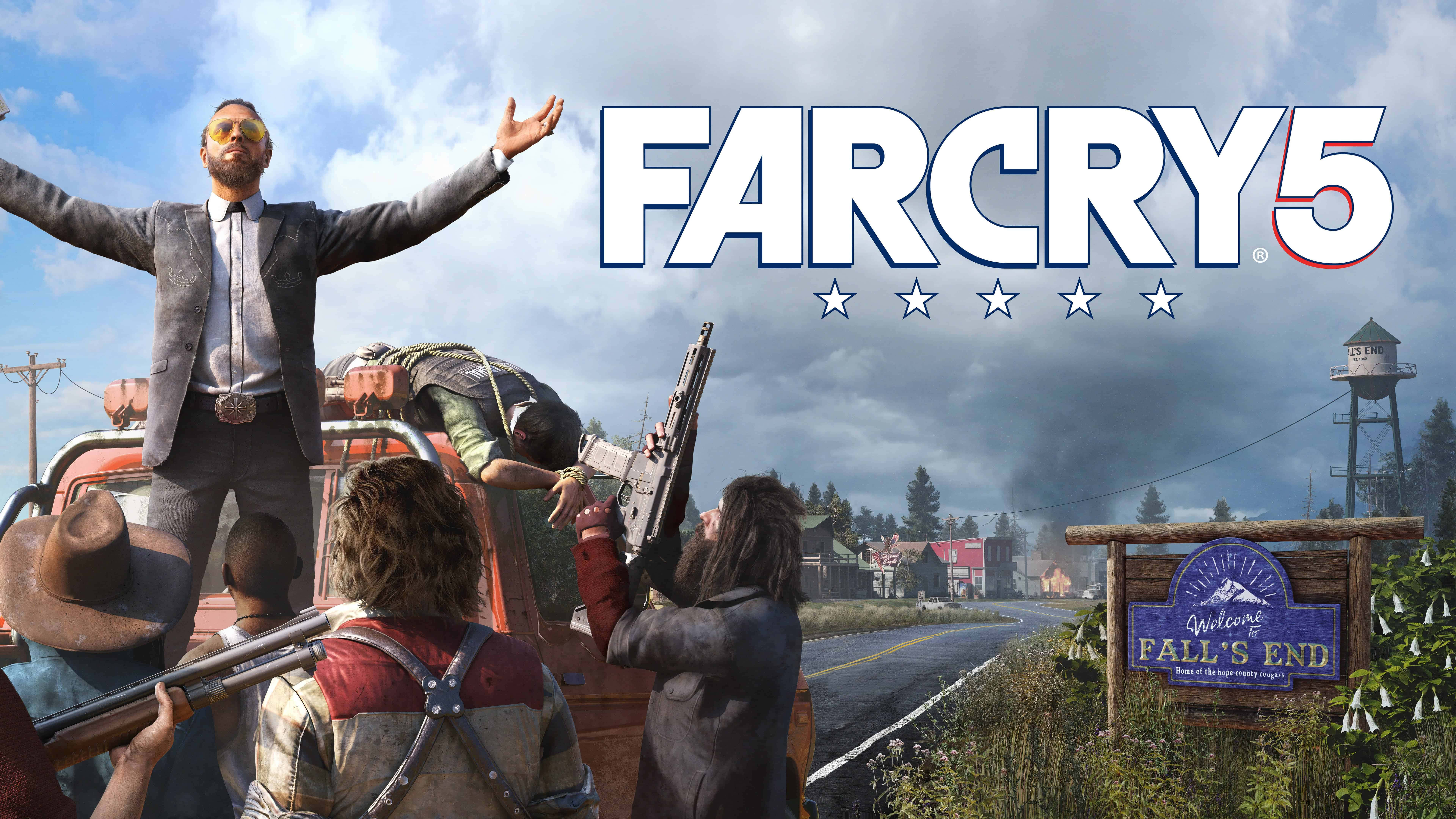 Far Cry 5 桌布 壁紙 — 一名身穿西裝的男子勝利地站在卡車上，武裝追隨者在多雲的天空下於鄉村小鎮包圍著他。