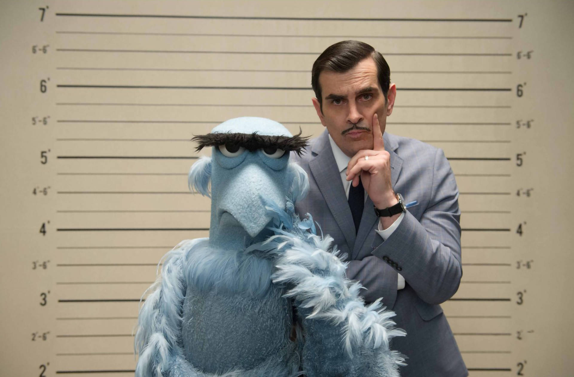 muppets 桌布 壁紙 — 一名身穿西裝的男子和一個藍色毛絨木偶在身高測量牆前擺姿勢拍攝入案照。
