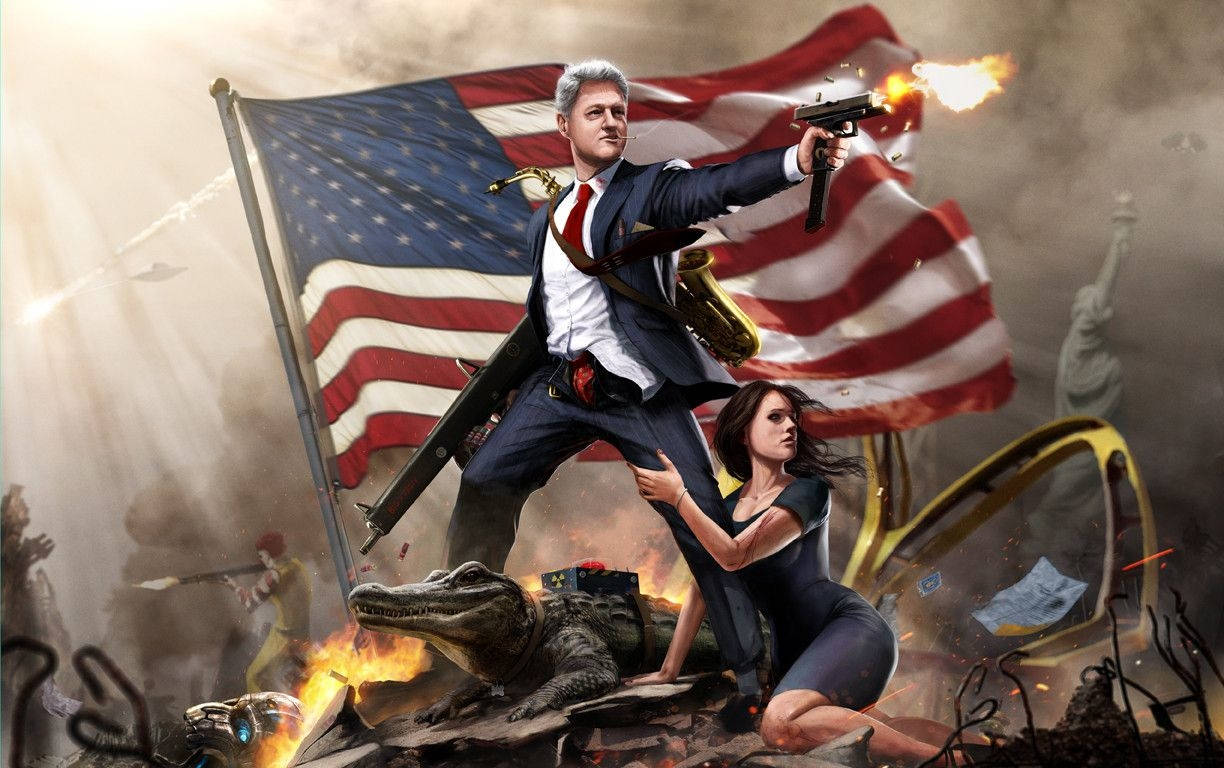 Badass Patriotic 桌布 壁紙 — 一名身穿西裝的男子在一個女人旁邊開槍，身後美國國旗在混亂和火焰中飄揚。