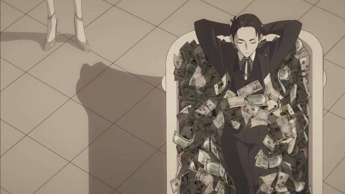 the millionaire detective 桌布 壁紙 — 一名身穿西裝的男子在一個滿是美元鈔票的浴缸中放鬆，附近有女人的腿和陰影。
