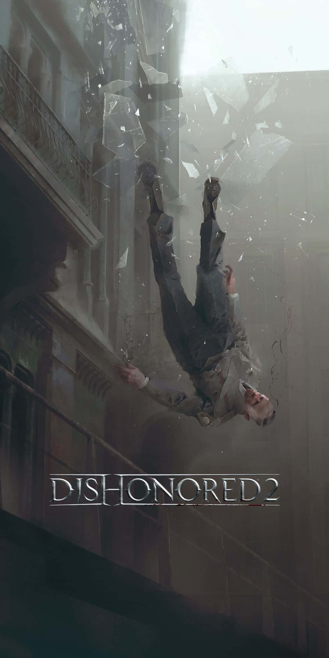 Pixel 3 Dishonored 2 桌布 壁紙 — 一名身穿西裝的男子在光線昏暗、建築華麗的都市小巷中穿過破碎的玻璃墜落。
