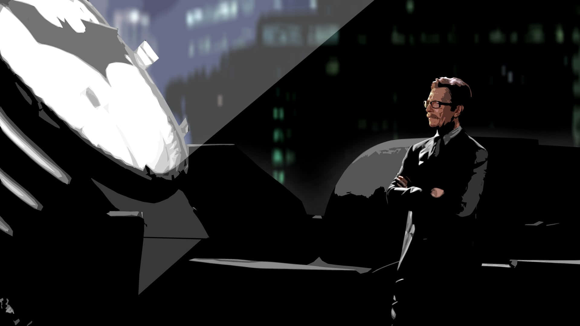 Commissioner Gordon 桌布 壁紙 — 一名身穿西裝的男子在夜晚黑暗的城市天際線背景下，自信地站在一個巨大的發光蝙蝠標誌旁。
