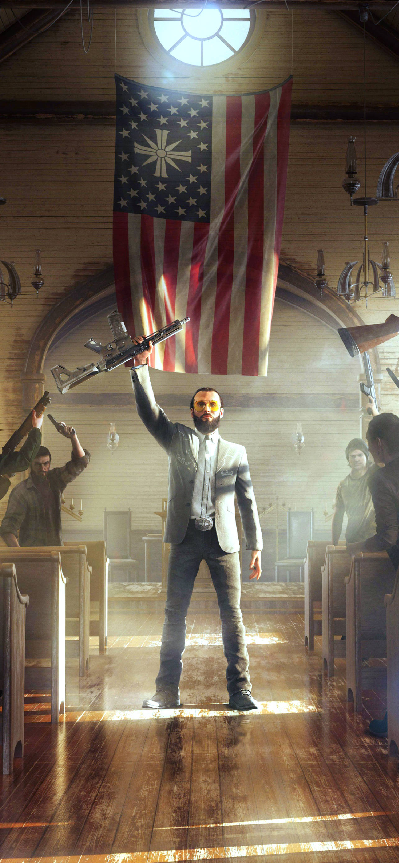 far cry iPhone 桌布 壁紙 — 一名身穿西裝的男子在教堂通道中挑釁地站立，手持步槍，下方是經過修改的美國國旗。