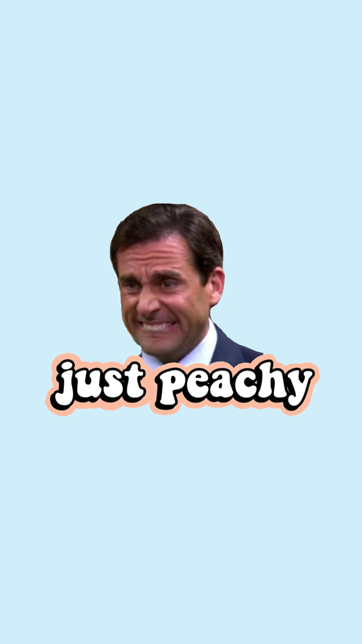 Michael Scott 桌布 壁紙 — 一名身穿西裝的男子在淺藍色背景前燦爛微笑，下方有文字 just peachy。