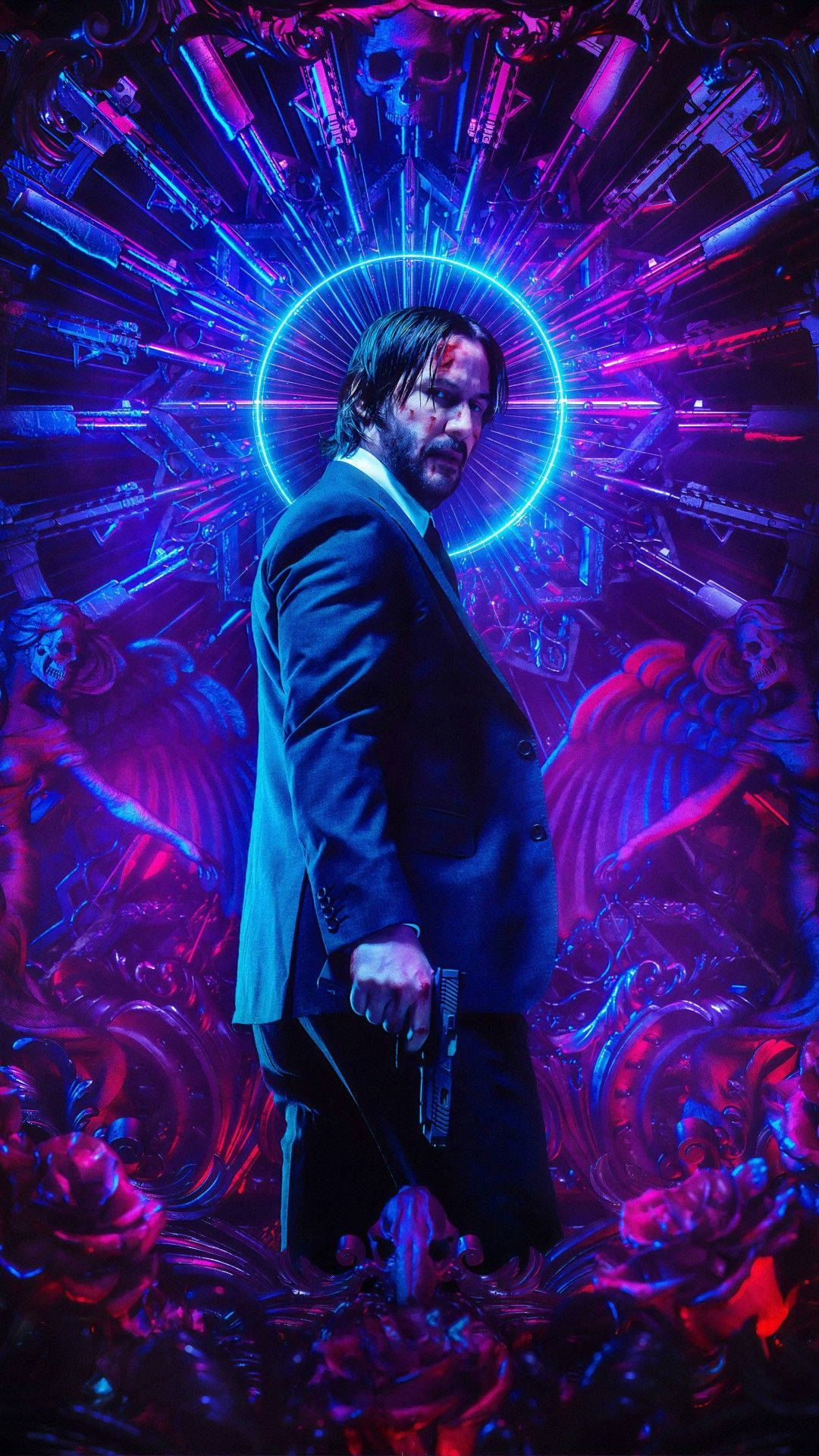 John Wick 桌布 壁紙 — 一名身穿西裝的男子在超現實的霓虹光環中持槍，周圍環繞著漂浮的武器和惡魔般的人物。