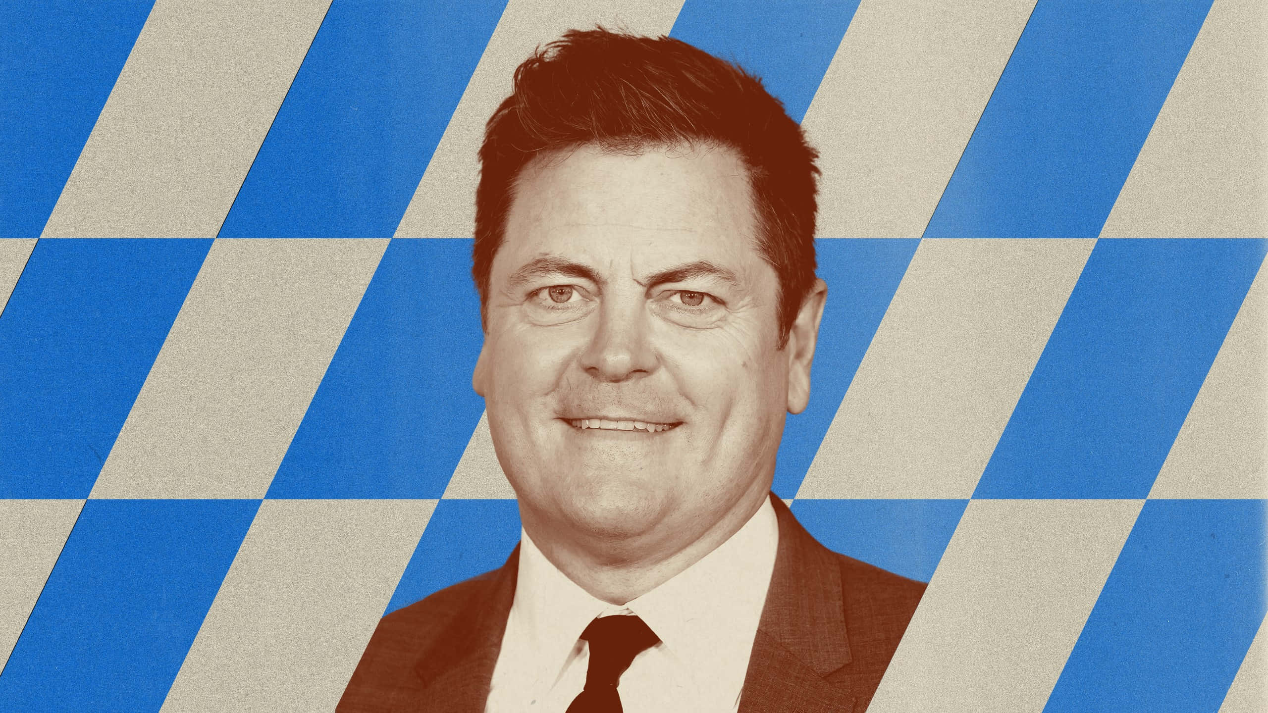 nick offerman 桌布 壁紙 — 一名身穿西裝的男子在鮮明的藍白格紋背景前微笑，帶有復古色調。