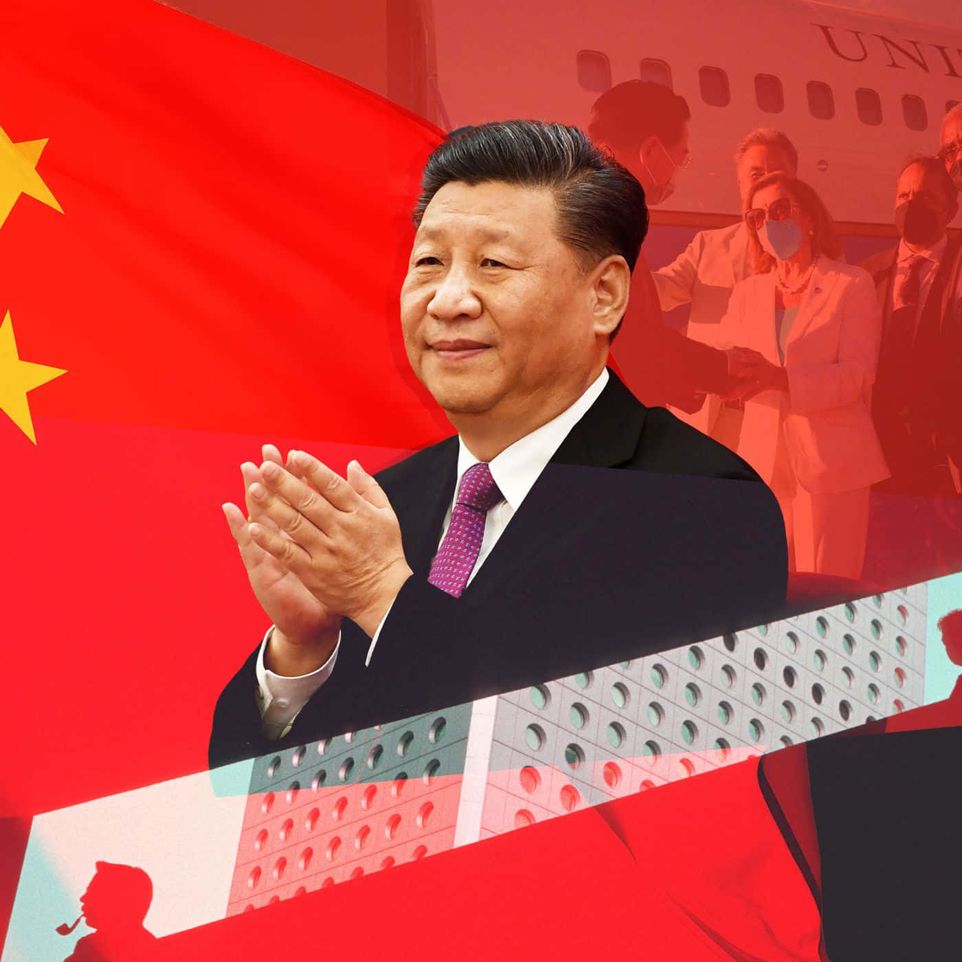 中國 桌布 壁紙 — 一名身穿西裝的男子在鮮紅色背景前鼓掌，背景中有中國國旗和飛機。