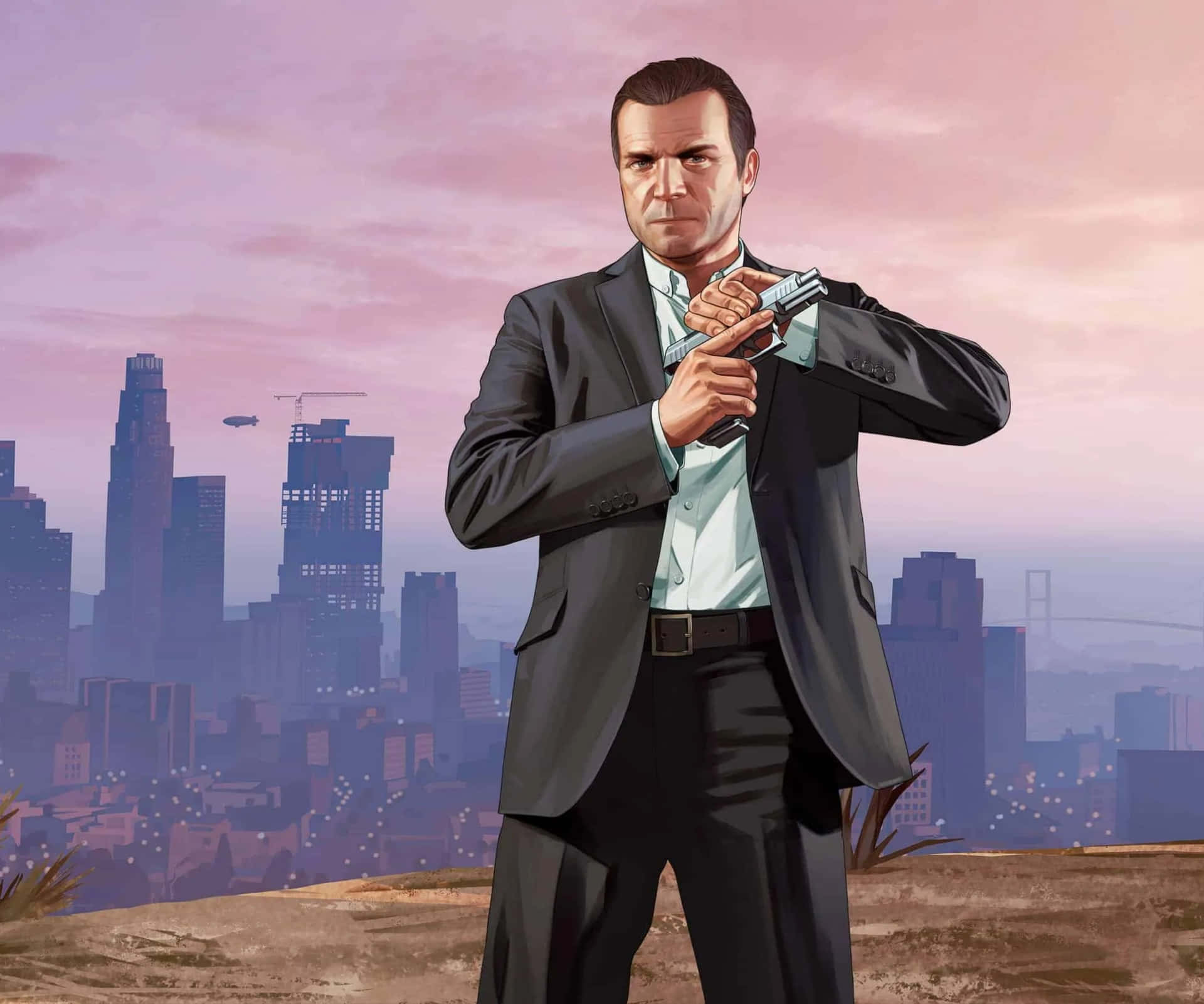 穿西裝的男子持槍俯瞰黃昏的城市 — GTA 5 動圖 壁紙