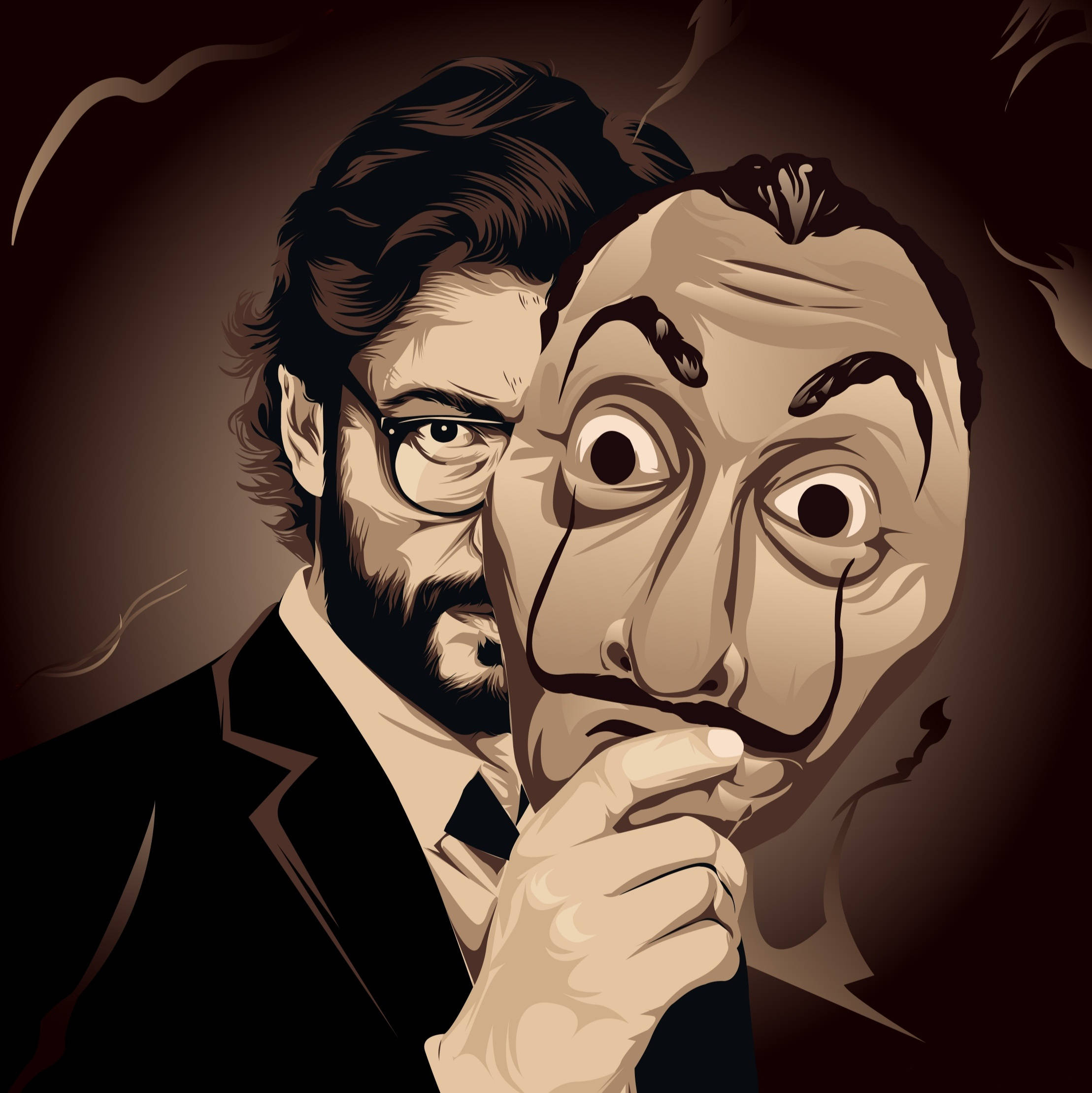 紙房子 桌布 壁紙 — 一名身穿西裝的男子在黑暗煙霧繚繞的背景中，將薩爾瓦多·達利面具貼在臉上。