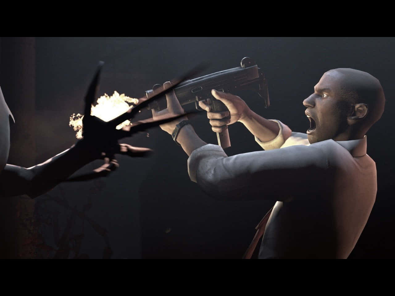 Left 4 Dead Characters 桌布 壁紙 — 一名身穿西裝的男子在黑暗緊張的對峙中，向一隻伸出的手射擊衝鋒槍。