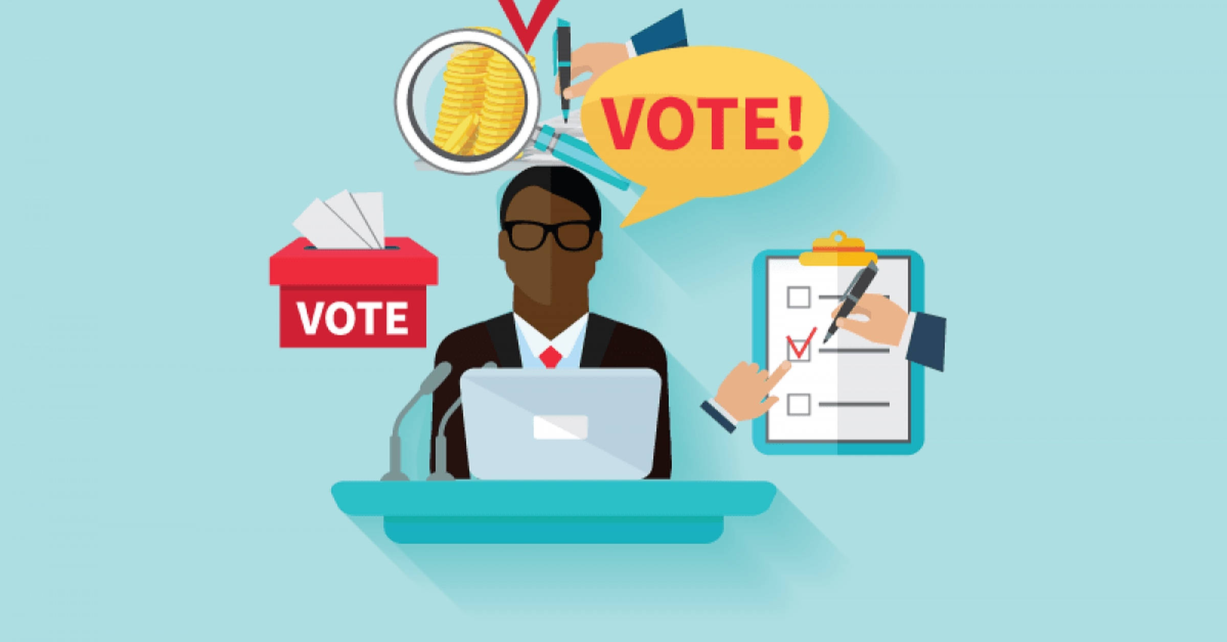 Election 桌布 壁紙 — 一名身穿西裝的男子坐在講台上，周圍環繞著投票符號，包括投票箱、勾選清單和寫著「投票」的對話框。