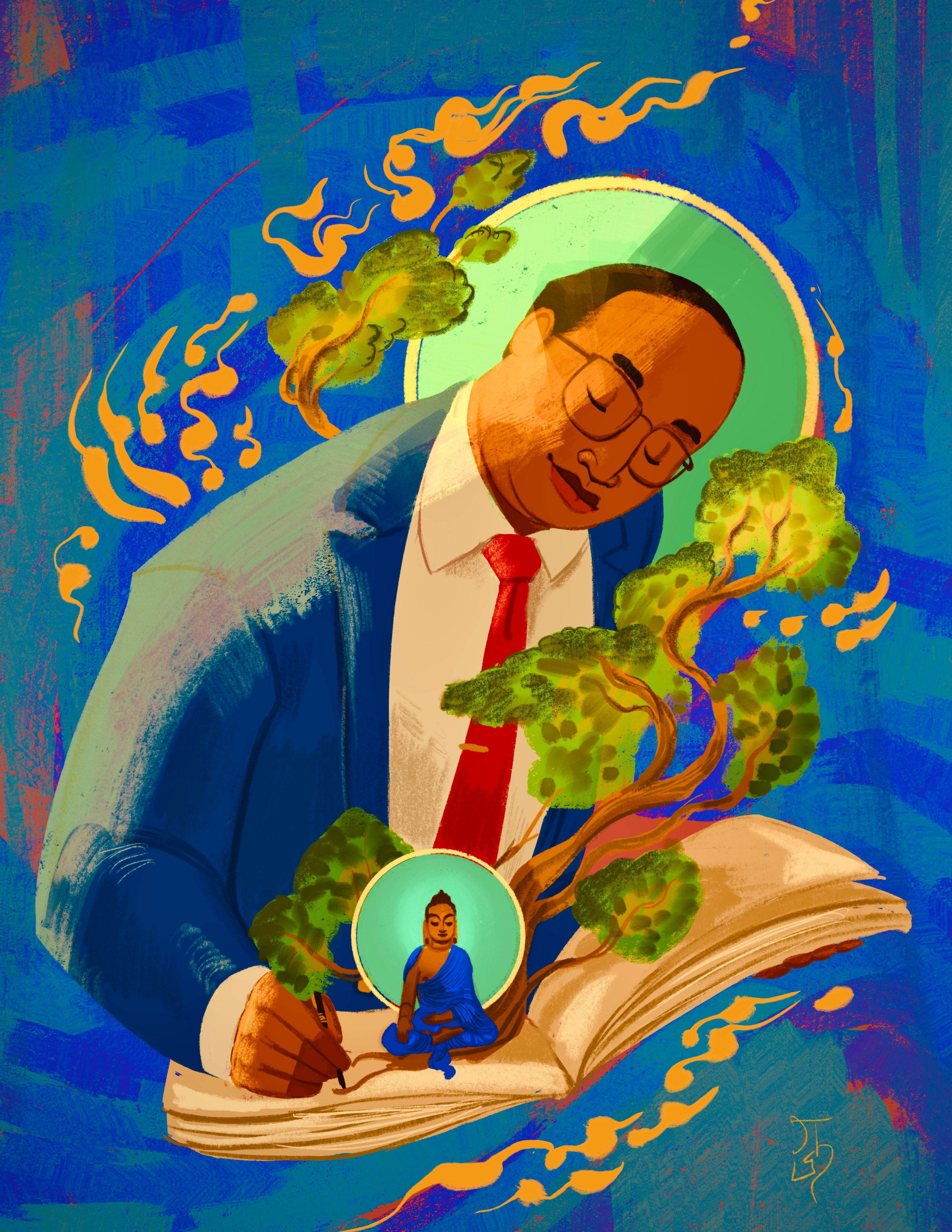 Ambedkar 桌布 壁紙 — 一名身穿西裝的男子安詳地睡著，而一棵盆栽和佛像從一本打開的書中浮現，背景是鮮豔的藍色。