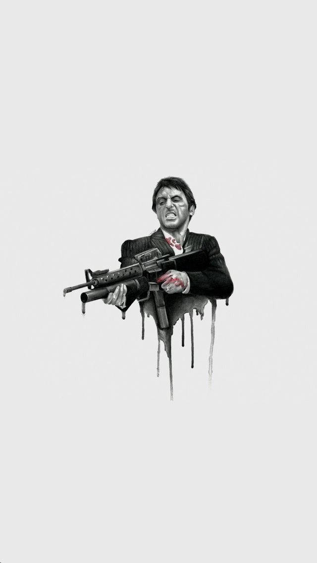 Al Pacino Scarface 桌布 壁紙 — 一名身穿西裝的男子手持步槍，胸口滴血，背景為純色。