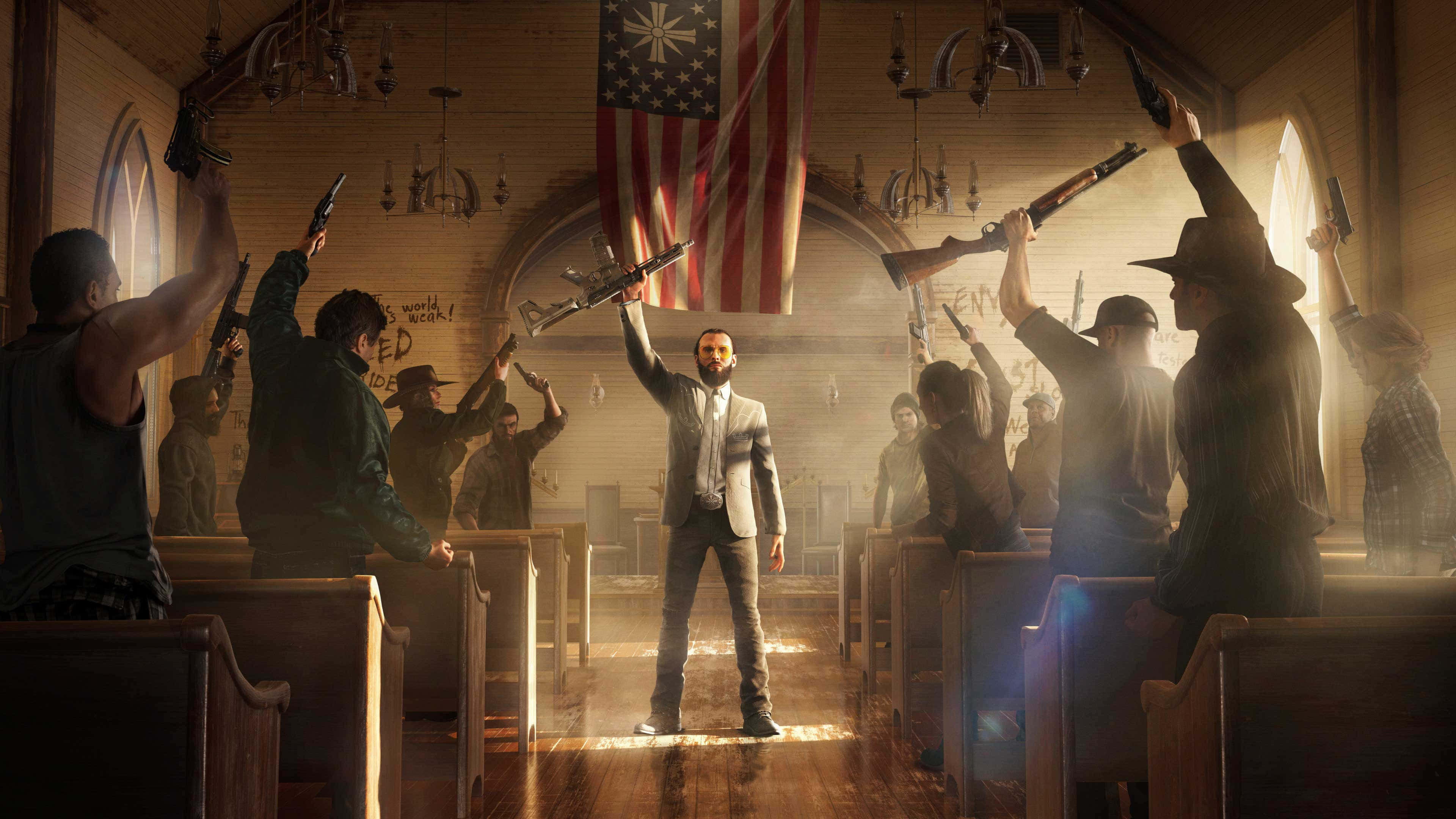 Far Cry 5 桌布 壁紙 — 一名身穿西裝的男子挑釁地站在教堂的通道上，武裝追隨者在溫暖的金色光芒下舉起武器。