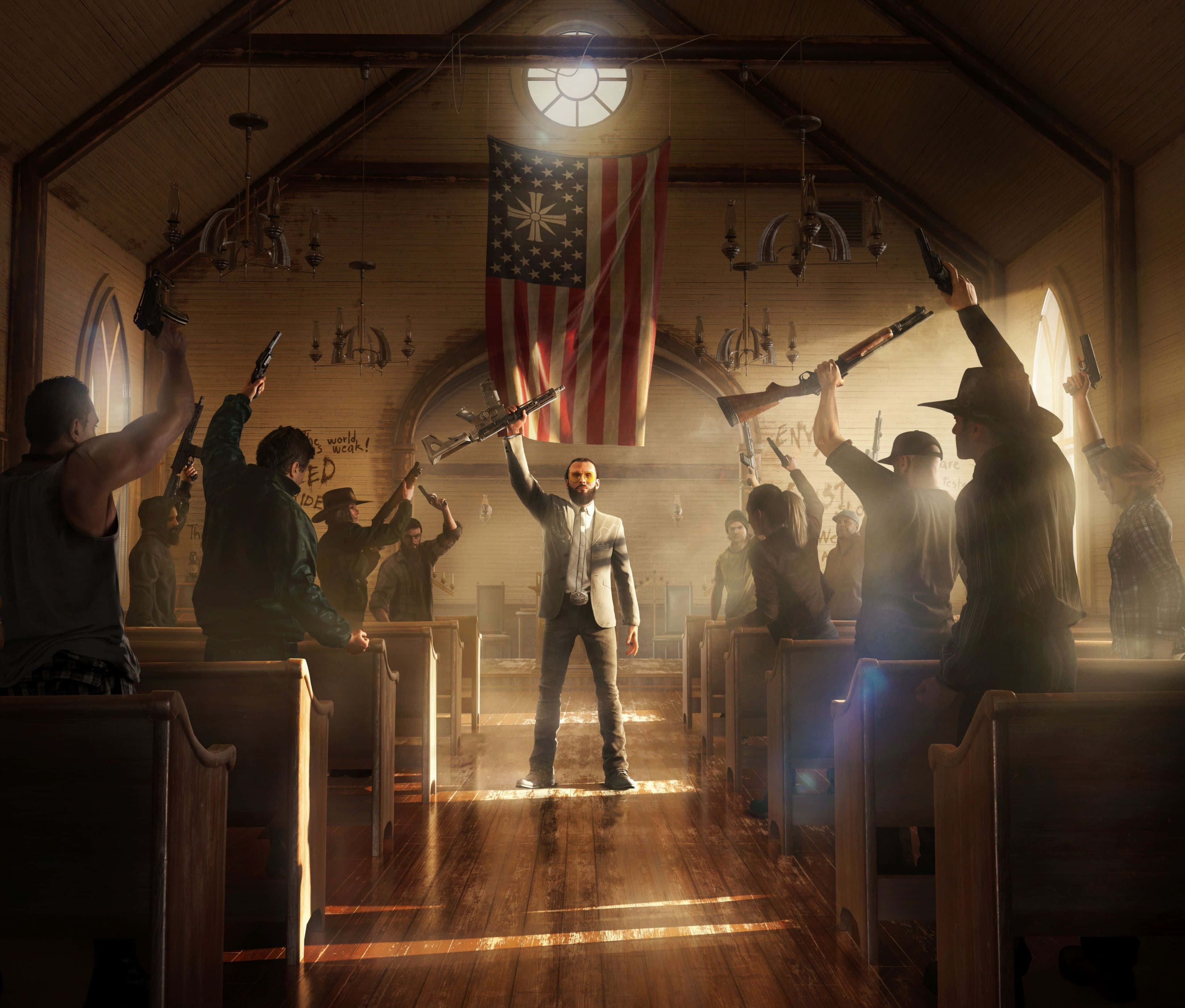 Best Far Cry 5 桌布 壁紙 — 一名身穿西裝的男子挑釁地站在教堂走廊中，武裝追隨者舉起槍支，被彩繪玻璃窗投射的戲劇性金色光芒照亮。