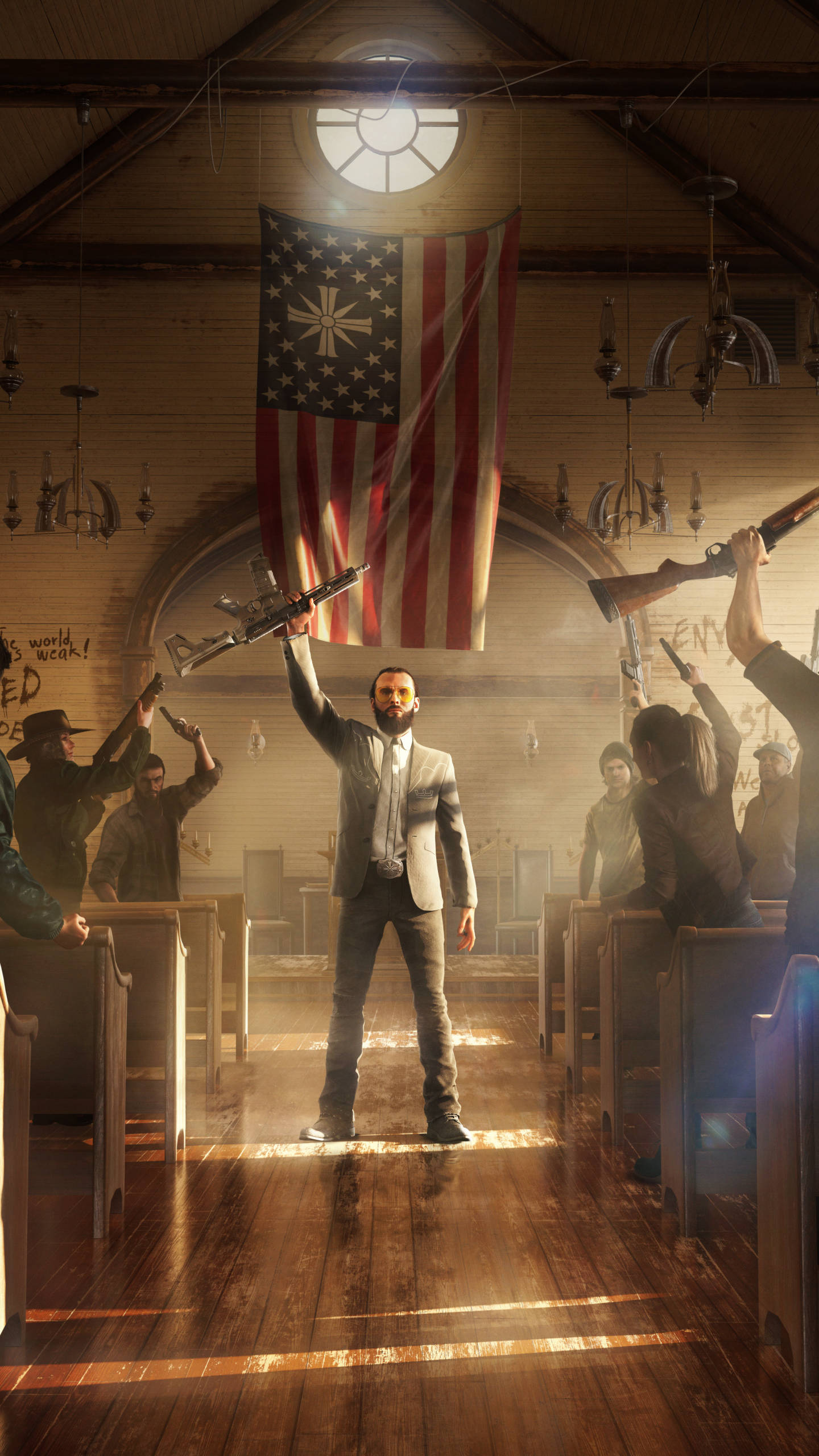 far cry 5 iPhone 桌布 壁紙 — 一名身穿西裝的男子挑釁地站在木製教堂的通道上，手持步槍，而其他人則在修改過的美國國旗下舉起武器。