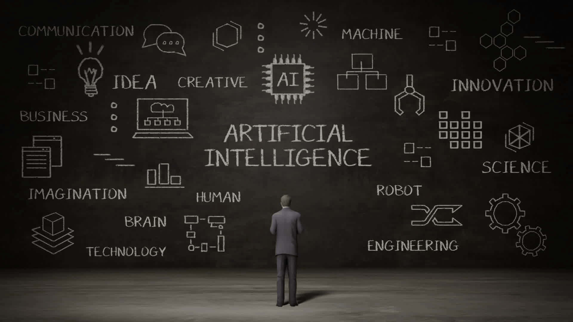 AI 桌布 壁紙 — 一名身穿西裝的男子站在一個光線昏暗的房間裡，面前的黑板寫滿了與人工智慧相關的術語和圖表。