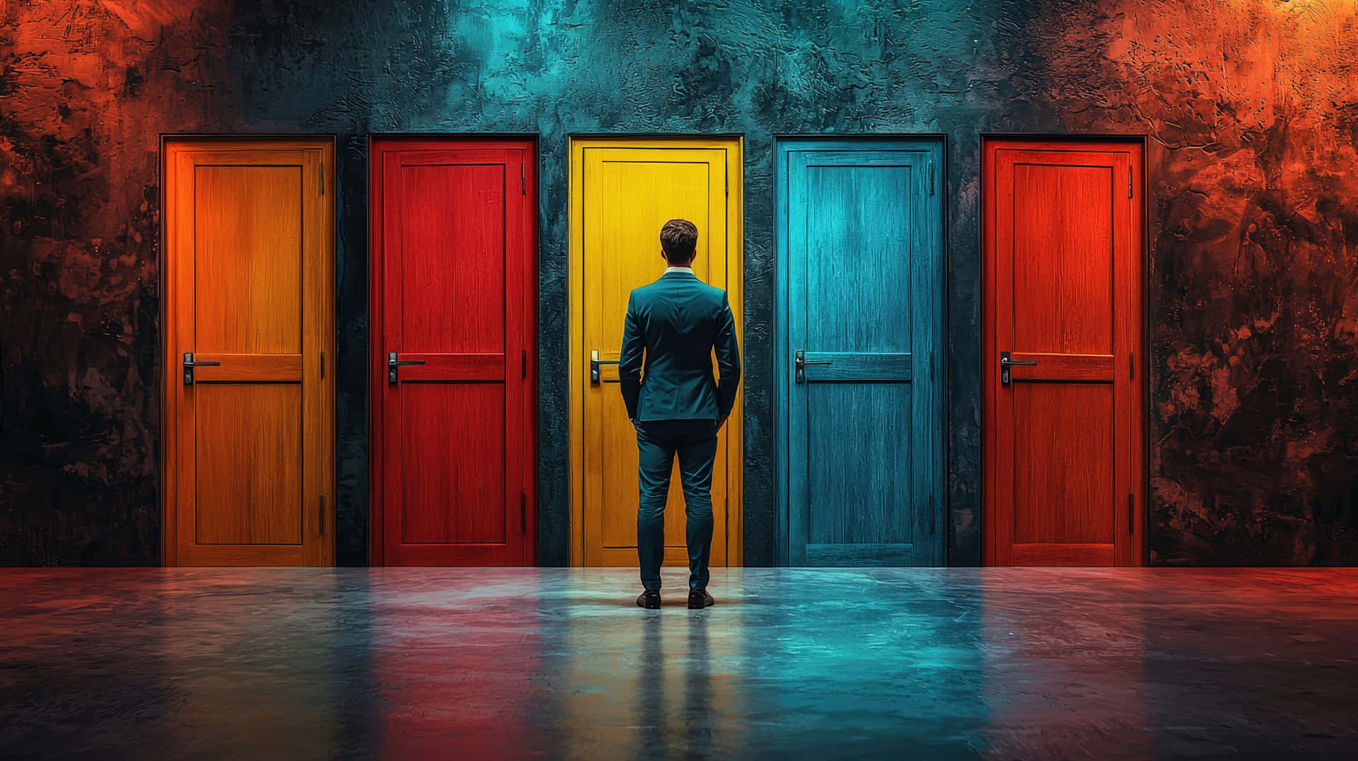 Businessman Standing Before Multiple Colorful Doors Symbolizing Decision-Making 壁紙 — 一名身穿西裝的男子站在五扇色彩鮮豔的門前，房間光線昏暗，牆壁有紋理。