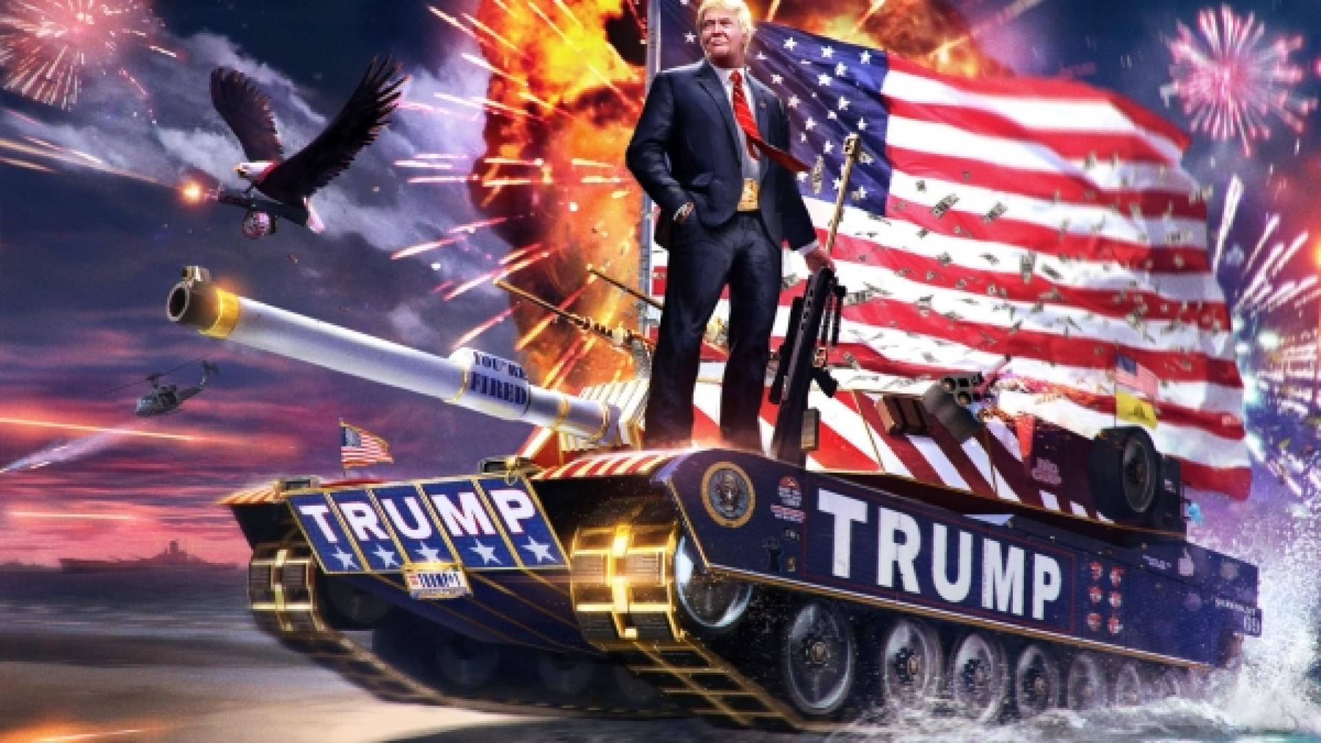 川普 桌布 壁紙 — 一名身穿西裝的男子站在標有「TRUMP」的坦克上，坦克在煙火和一隻鷹在頭頂飛翔的背景下在水面上疾馳。