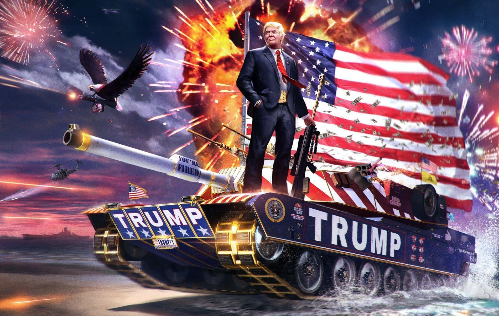 川普 桌布 壁紙 — 一名身穿西裝的男子站在標有「TRUMP」的坦克上，坦克在水面上疾馳，煙火綻放，一隻老鷹在頭頂飛翔。