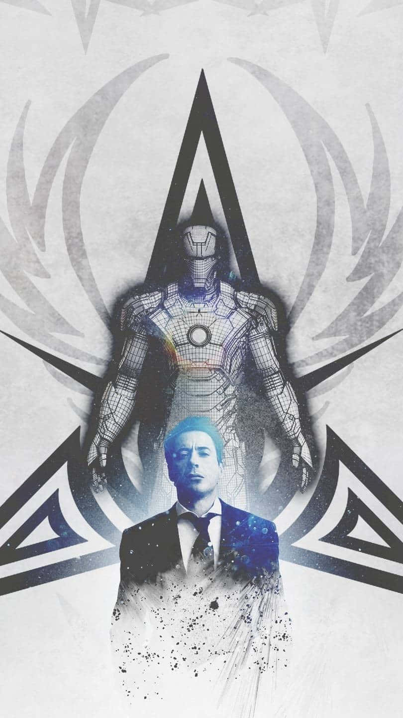 Iron Man Fan Art 桌布 壁紙 — 一名身穿西裝的男子站在線框鋼鐵人戰衣下方，背景為風格化的星爆圖案及宇宙飛濺效果。