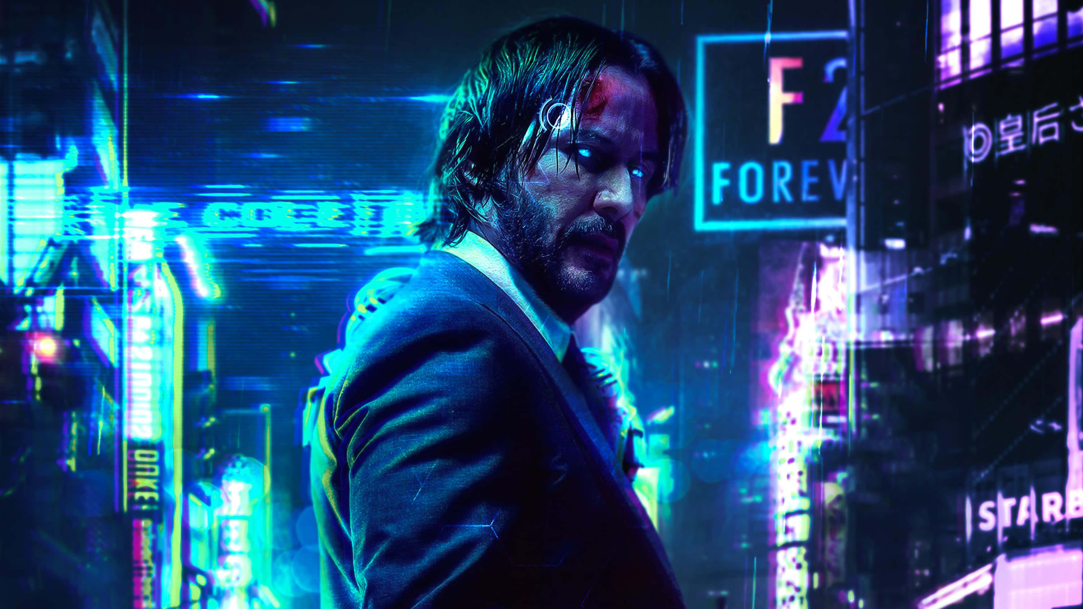Dark Cyberpunk 桌布 壁紙 — 一名身穿西裝的男子站在雨水浸濕、霓虹燈閃爍的賽博龐克城市景觀中，周圍有發光的招牌和數位疊加效果。