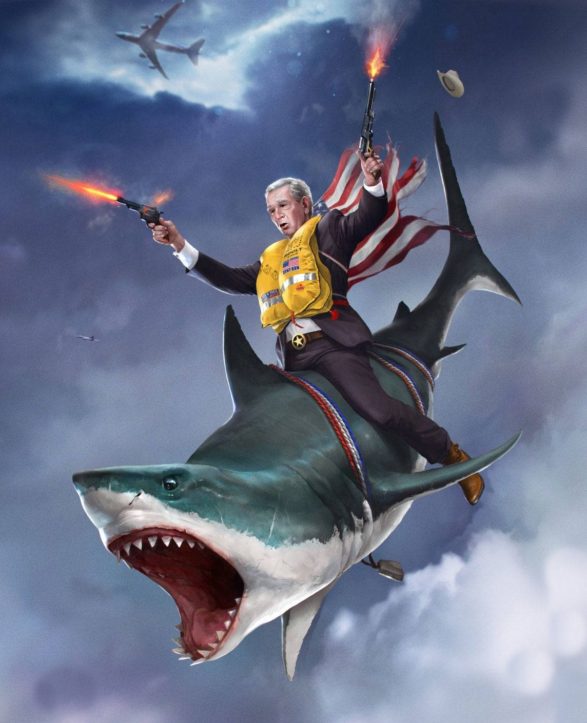 Badass Patriotic 桌布 壁紙 — 一名身穿西裝的男子騎著一條巨鯊穿過暴風雨的天空，一邊開槍射擊，身後飄揚著美國國旗。
