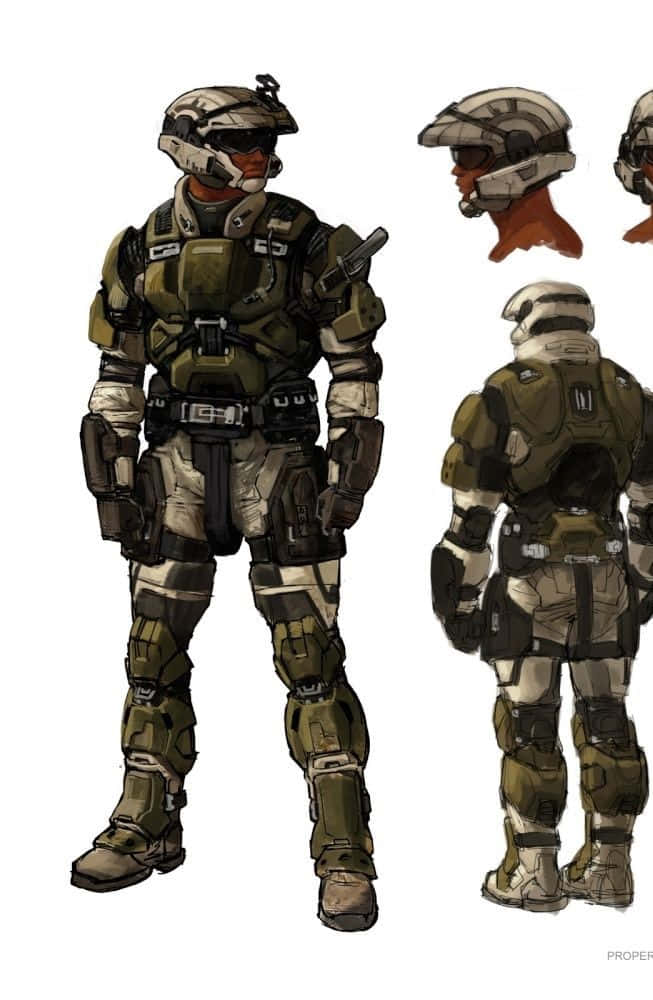 Halo Unsc 桌布 壁紙 — 一名身穿詳細綠色和米色戰鬥裝甲的士兵，從正面和背面展示，附有頭盔視圖。