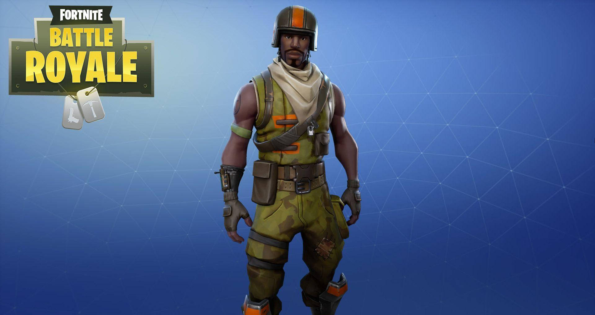 Fortnite 造型 桌布 壁紙 — 一名身穿軍裝的《要塞英雄》大逃殺士兵自信地站在藍色幾何背景前。