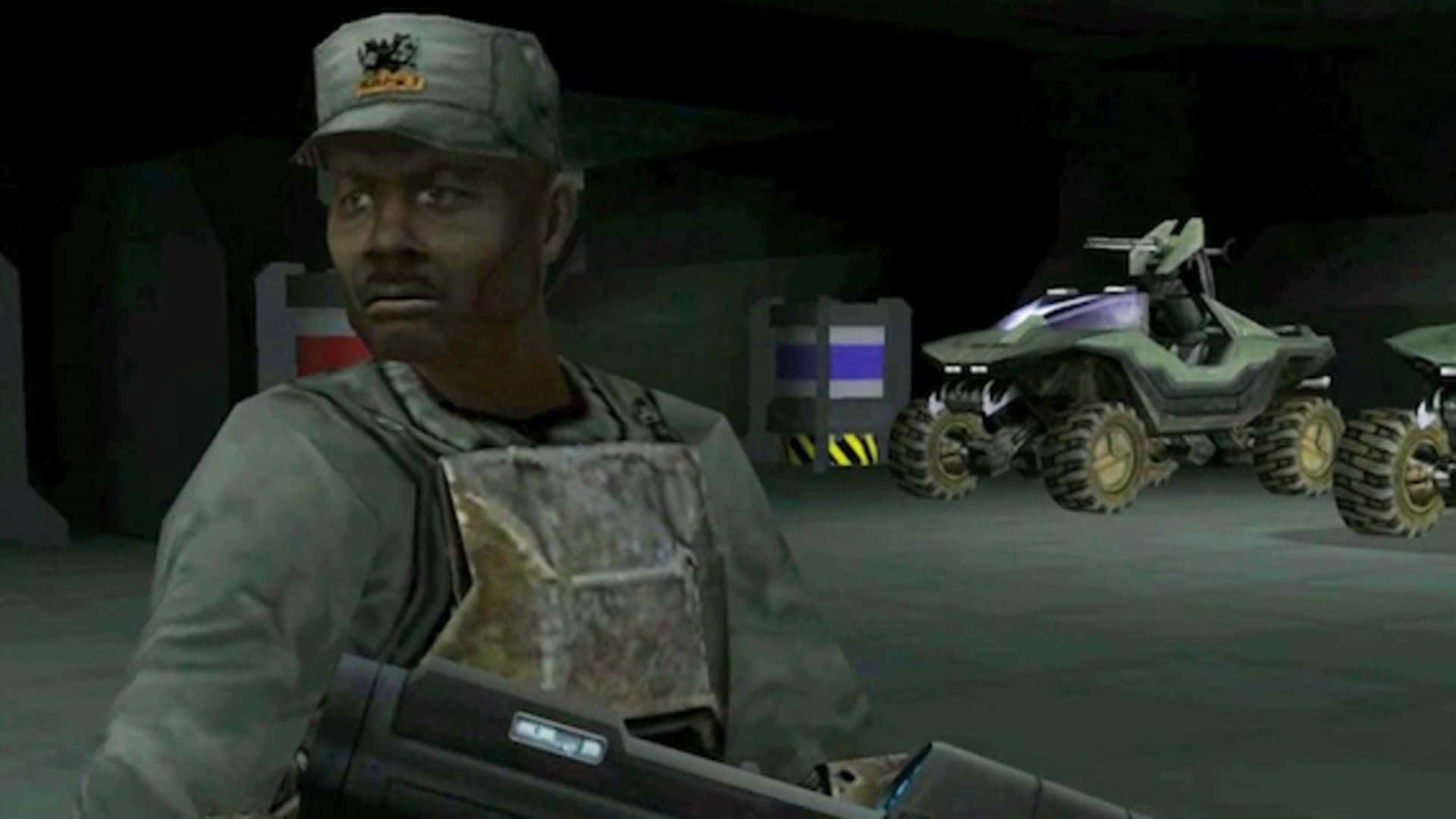 Sergeant Johnson 桌布 壁紙 — 一名身穿軍裝的士兵在光線昏暗的車庫中手持武器，身後停著未來派的全地形車輛。