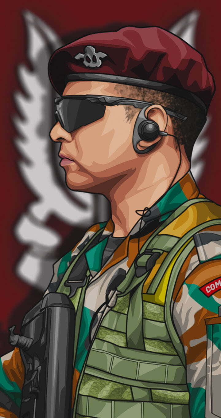 印度軍隊 桌布 壁紙 — 一名身穿迷彩服、戴紅色貝雷帽的士兵側身站立，手持步槍，背景為深紅色，帶有白色徽章。