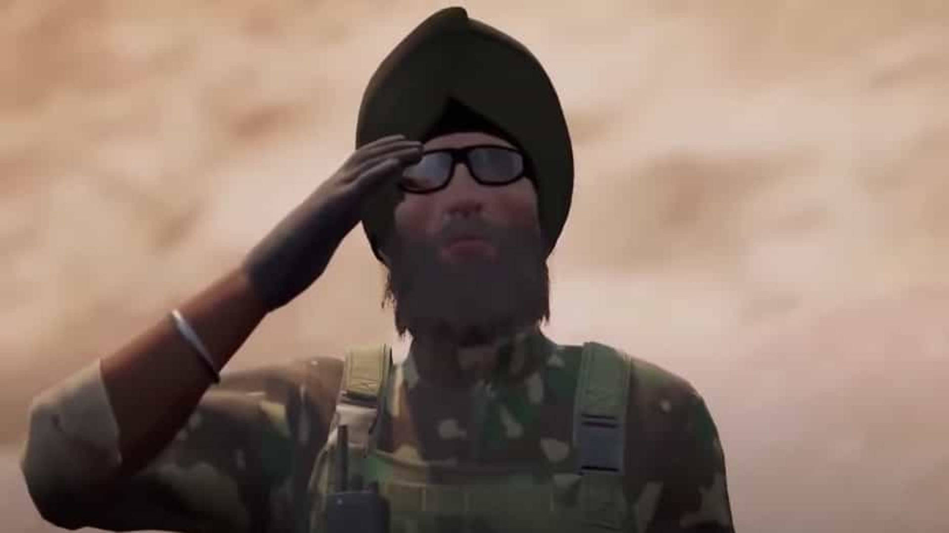 Salute 桌布 壁紙 — 一名身穿迷彩服和頭巾的士兵在朦朧的沙漠背景下莊嚴敬禮。