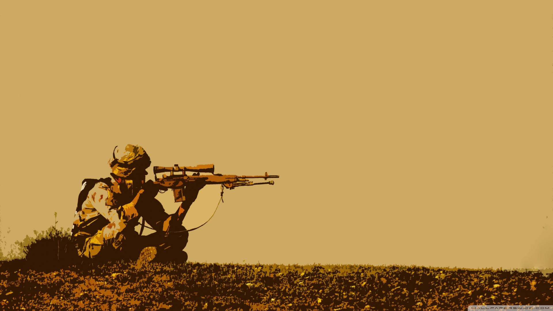 軍隊 桌布 壁紙 — 一名身穿迷彩服的士兵低蹲著，在溫暖的棕褐色天空下，瞄準步槍越過一片荒蕪的田野。